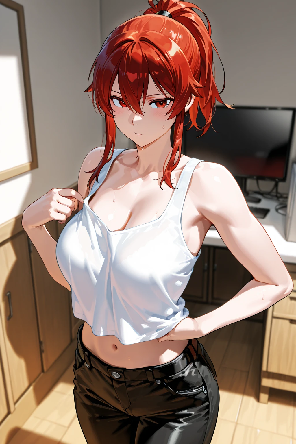 An anime girl with red hair and blue eyes wearing a skirt and an open shirt revealing a black and red bra
