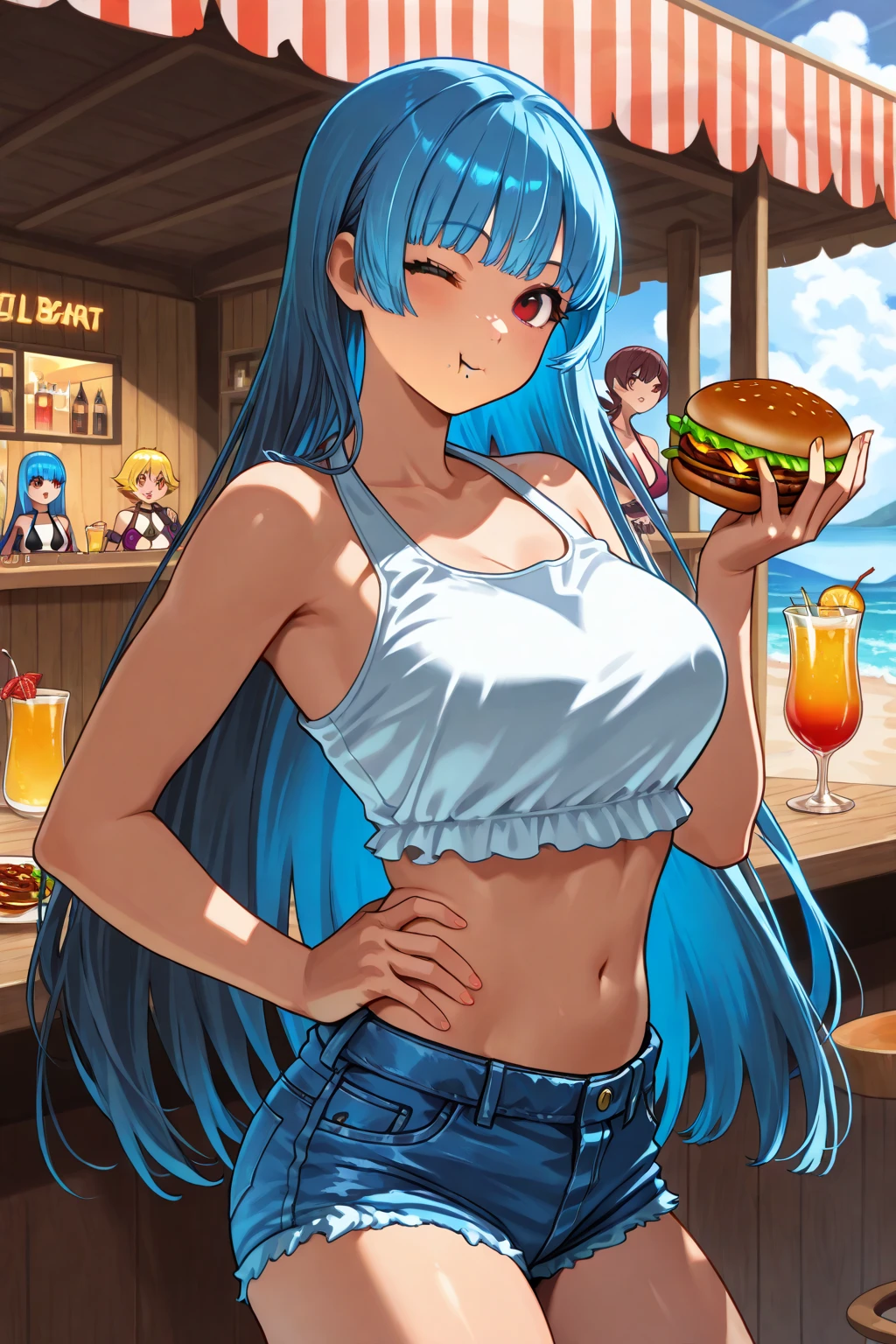 side tie bikinibottom,masterpiece, Highest quality, (anime screencap:1.3),(shape), cute,(Simple:1), (anime:1.2),Solo Sharp Focus, 1 girl, seaside,(Browsing Caution:1.2),Pastel Bikini,Beautiful Hair,Horizontal stripes,(BBQで肉を焼いている),cute eyes,,Large Breasts,Twin tail hair,