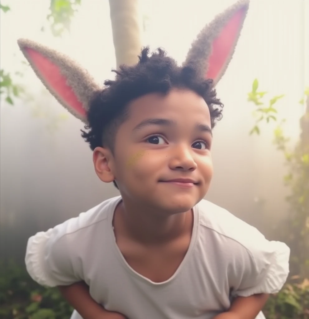 A black boy wearing a hoodie with green anime-style horns made of wood pointing downwards.