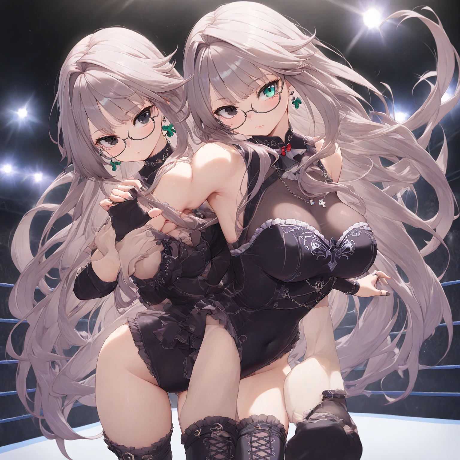 Two women, milf, breasts, beautiful breasts, big breasts, masterpiece, highest quality, gray hair, red heart-shaped pupils, open mouth, saliva, black lace lingerie, buttocks , nudity, kissing, stage, spotlight, excitement, quadratic, comics