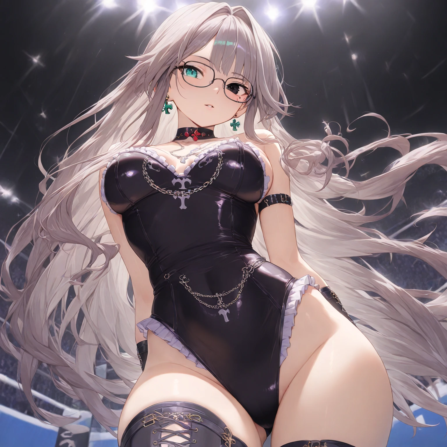 (A high resolution), (Ridiculous resources for the most quality), (high high quality), (tmasterpiece), 1 plump girl, Asuna, eBlue eyes, Long gray hair, The halo, hair covering one eye, Very long hair, Light brown hair, (, Crack comparison glue high socks, Red latex stockings, praying hands logo, looking at viewert, 8K HD RTX, Delicate finger detailing,The kinky is exposed,Slim figure,