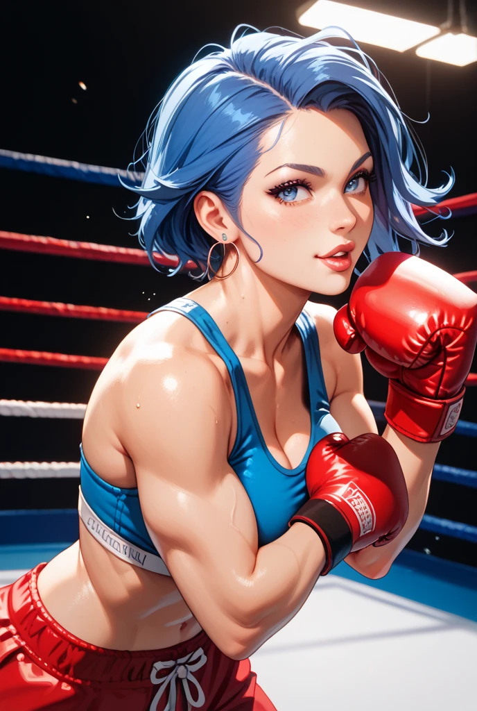 (masterpiece) (best quality) (detailed) (8k) (sharp focus), badass female boxer, boxing gloves, biting glove string