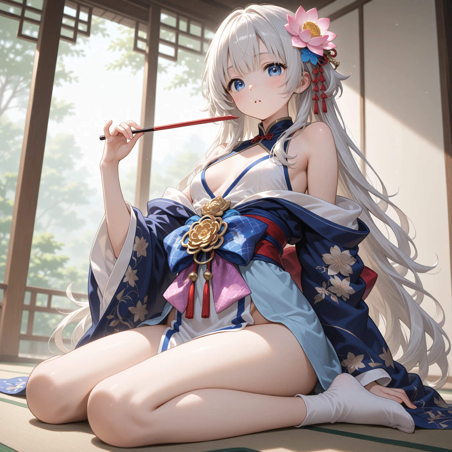 (8K, highest qualthaty, Tabletop:1.2)、Ultra-high resolution, Detailed face, One 10-year-old girl, blue eyes, blonde, Long Hair, White Hair, Miko costume, Japanese sword, geta, that',There is a fox, Japanese style(masterpiece,Highest quality,The finer details)