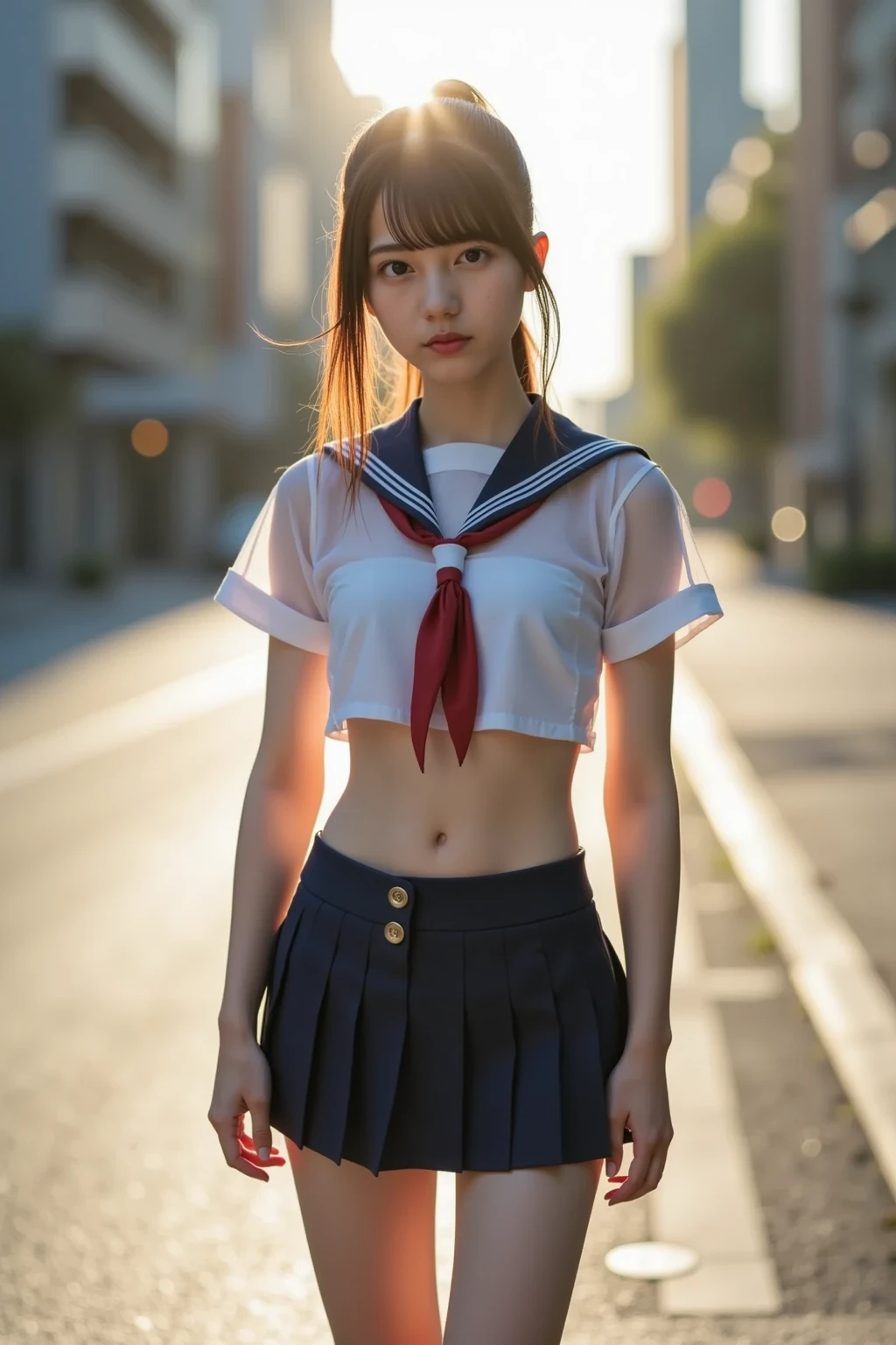 (masutepiece, Best Quality:1.2), 8K, Official art, Raw photo, full body Esbian、Red camisole、Facing up、skinny、14years、small tits、jumpping、Jumping、Dynamism、unbelievable Ridiculous, (Upper body, Sailor suit on top、Panties underneath、serafuku:1.4), Beautiful Girl, Pretty Face, arching back down, cute panty、Gold hair ornament on hair、close up, School uniform, Short sleeve, gardenia, violaceaess, Teen, Street, Looking at Viewer, Film grain, chromatic abberation, Sharp Focus, face lights, Dynamic lighting, Cinematic lighting, Eyes and faces with detailed, Bokeh background, (1 dark red bow tie:1.2)