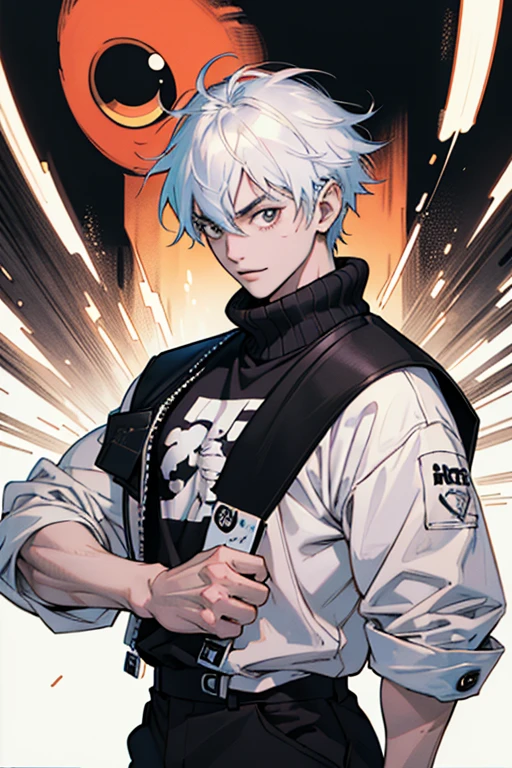 close up, face, highest quality, 8K, high resolution image, Jujutsu Kaisen estilo anime , Arataki Itto, Detailed strokes, nblurry background, purple light reflecting on it , (close up angle), 1 men, Youngh, mascle, role model, front with hand in pants pocket , multicolored background with various geometric shapes , round stickers, brawny, red and white hair, swollen chest, wearing a tight shirt , striking eyes , with the shirt, swollen chest
