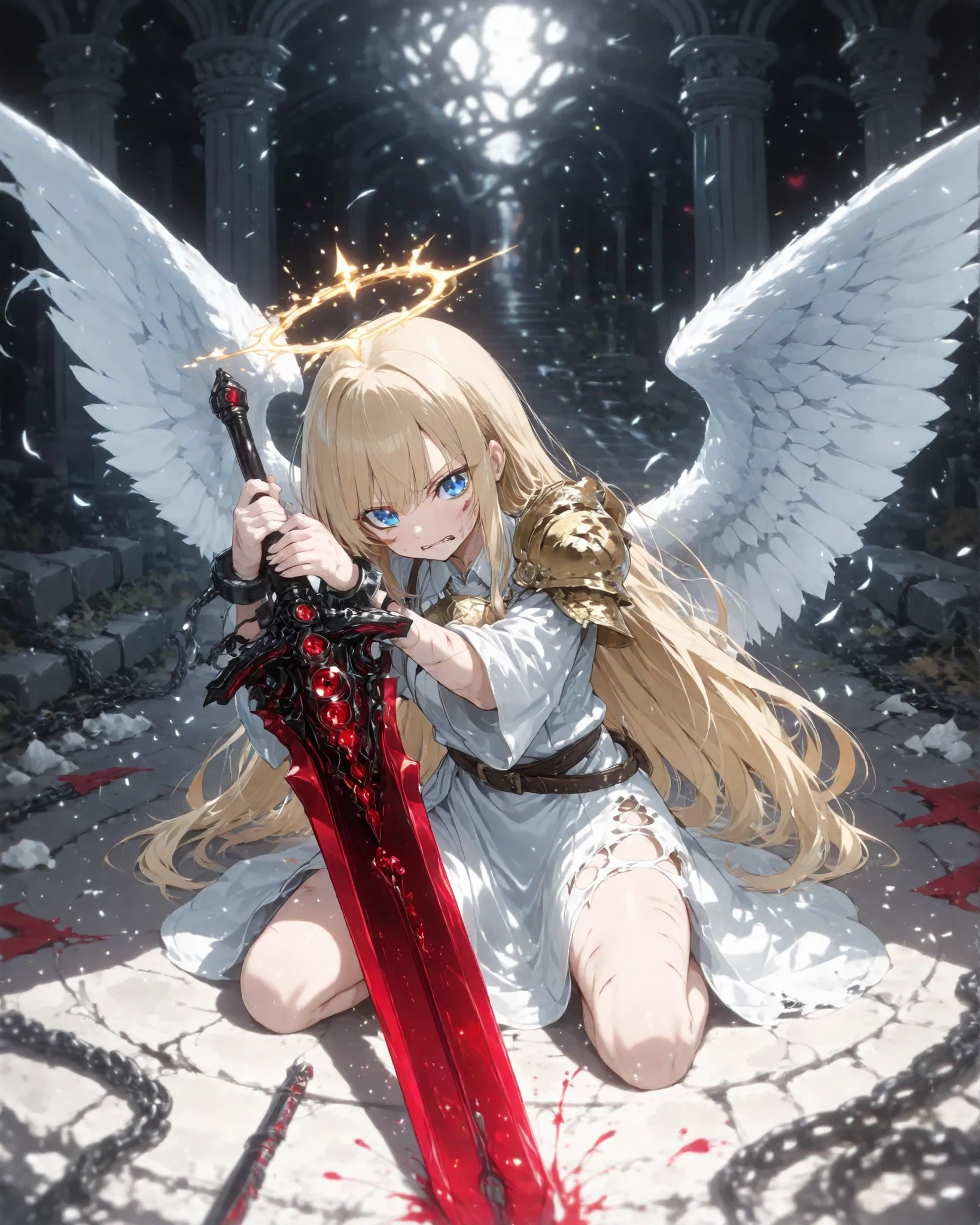 Masterpiece, ultra-detailed, cinematic illustration, 4K resolution, dramatic lighting. At the center of a ruined, ancient temple, a glowing red greatsword is stabbed into the stone floor, its thick blade radiating menace. The sword features a disturbing, wide-open bloodshot eye where the hilt meets the blade, veins visible, as if it’s alive and watching, and two small bat-like wings extend from the sides of the hilt. Behind the sword, an angel is kneeling, head bowed low, her forehead pressed against the hilt in a posture of deep sorrow and eternal prayer. Her long hair falls over the sword, strands gently framing the scene. Her face is unseen, hidden by the emotion of her act. Both of her hands grip the sword’s handle tightly, trembling and bruised, with raw chain marks biting into her skin. Her white tunic is torn and dirtied, with only a single golden pauldron remaining from her former armor. Her body and large angelic wings are bound by heavy, harsh iron chains — pulled from every direction: from the ceiling, from the cracked ground, and from the unseen shadows of the walls. The chains bind not just her, but the sword as well, in a desperate, sacred seal. Light from above falls gently upon her and the sword, casting the rest of the temple into deep shadow and mystery. The background is barely visible through dust and holy mist. The atmosphere is reverent and tragic, the composition radiates both divine sacrifice and eternal vigilance. A feeling of ancient power contained through suffering. High emotion, holy pain, divine restraint. Concept art style, dramatic shadows, high detail, dark fantasy, emotional tension.