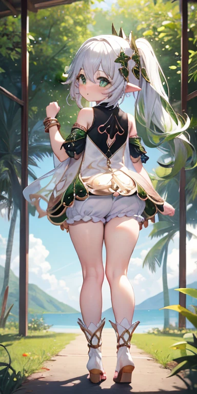 ((Masterpiece, Top Quality, accuracy, super detaill)))), (elf)))), (White microbikini with gold embroidery))))), (Lightweight, long braid), (Large glowing dark green eyes), ((big)), (Shore), (Gentle waves), Smile, ((Wide sandy beach)))), (Crawling on all fours in shallow water)))), (protruding buttocks,)), ((thighlet)), (((seen from behind))), breeze, Dynamic Angle, leaning, Stick out, Juicy butt, bathing suit, underpants, hands on the priest, hands on underpants