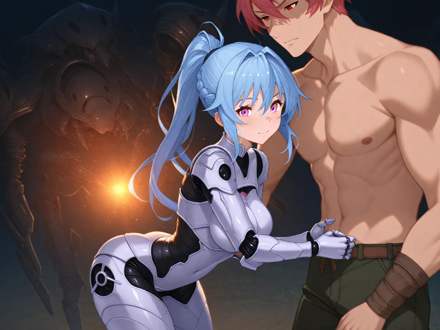 (hews art style:0.7), (hero neisan art style:0.7), score_9, score_8_up, score_7_up, score_6_up, uncensored, Himeko, red hair, mole, mole on breast, parted bangs, yellow eyes, folded ponytail, BREAK, 1girl, bestiality, breasts, sex, nipples, hetero, cum, sex from behind, doggystyle, robot, plugsuit, mecha, large breasts, non-humanoid robot, interface headset, kneeling, monster, robot animal, bodysuit, alternate breast size, motion lines, bouncing breasts, huge breasts, 1boy, forced smile, science fiction, breasts out, blush, lab room, pilot suit, cum pool, cum overflow, oiled, hanging breasts,
