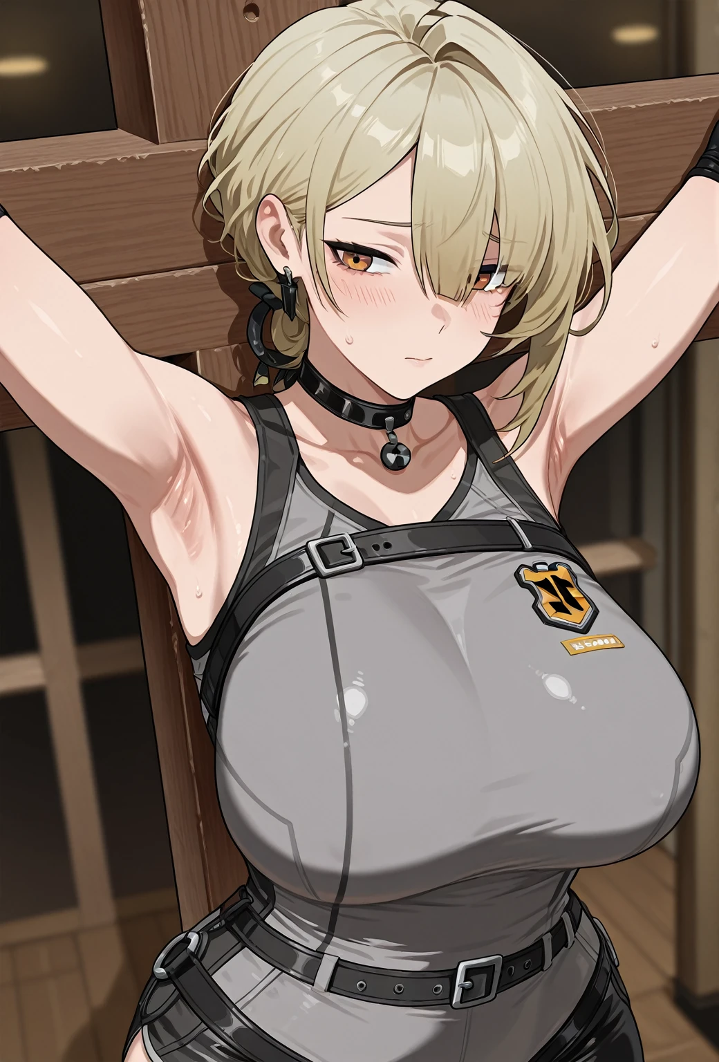 animesque、moe、1 schoolgirl、校服、a blond、Short Bob、huge tit、woman tied up with chains、prison
