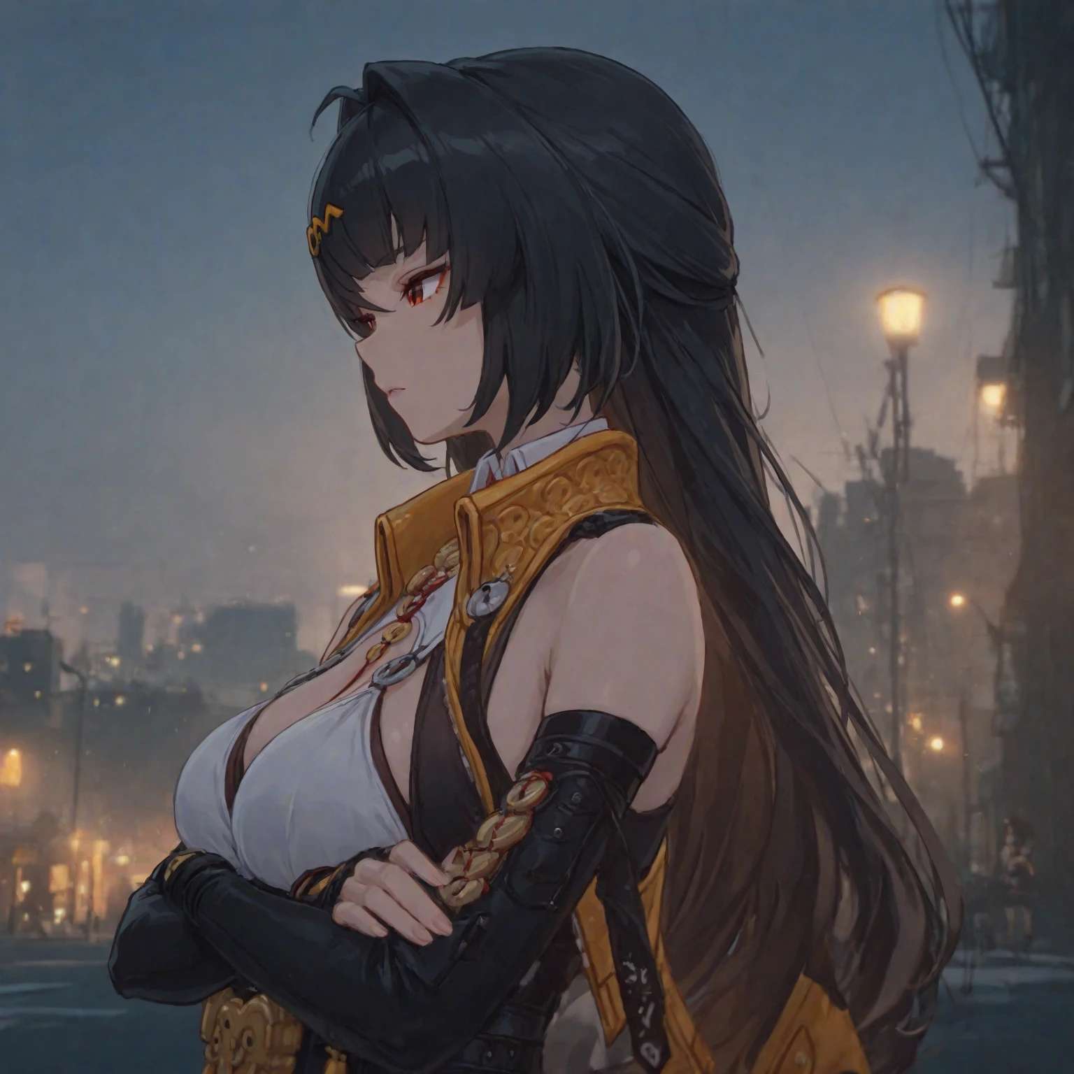 masterpiece, best quality, detailed clothes,1girl, green eyes, black hair, solo, long hair, bangs, large breasts, black and gold clothing, fighting, holding golden six-shooter revolver gun