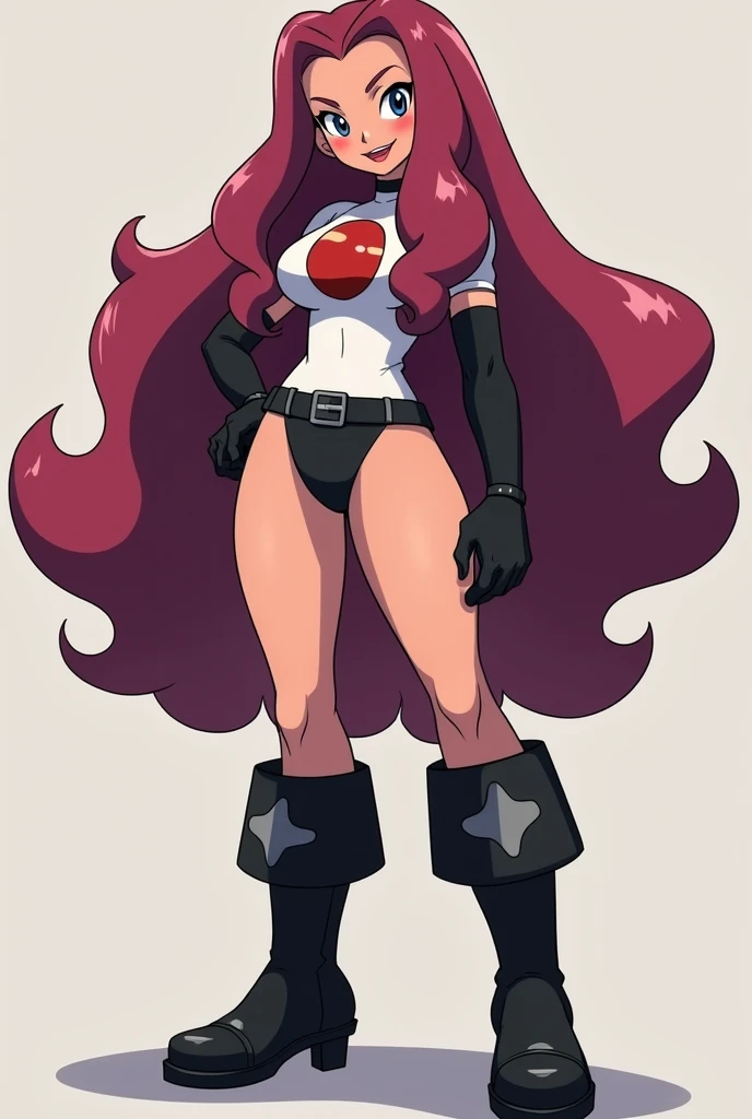 A tall woman with long pink hair, soft red eyes, circular pupils, wears an elegant black vest with a button showing her navel and nothing underneath and her short black skirt with a button and a chain at the waist, she is wearing a lady's black boot.