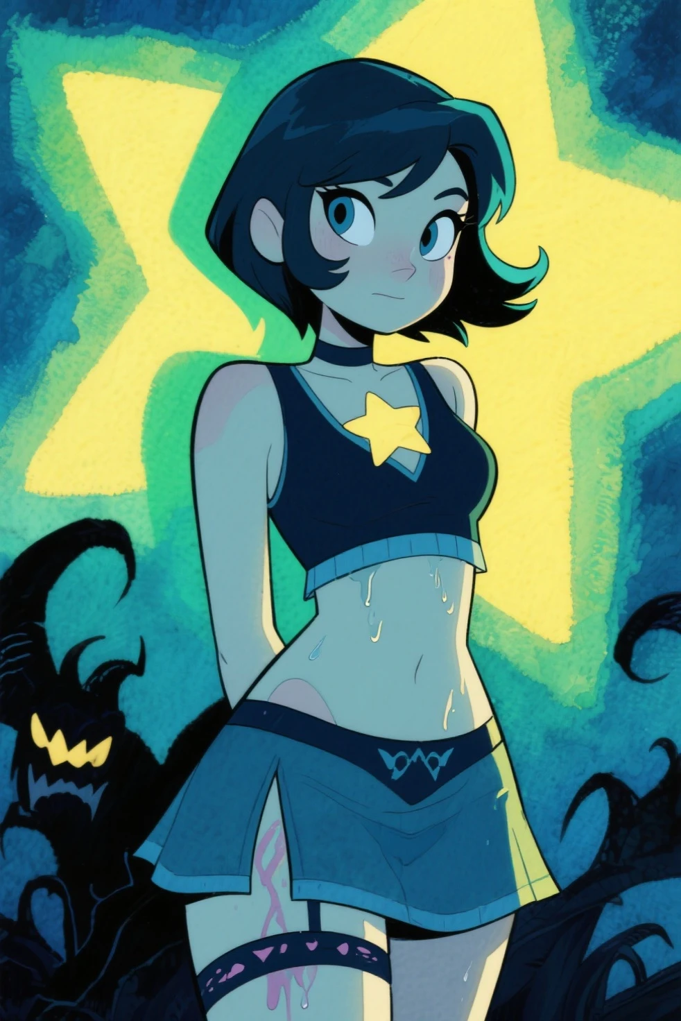 a cartoon picture of a woman holding a baseball bat on a star background, she has pale blue skin!!!, steven universe style, with blue skin, full body portrait of a short!, dressed in blue, inspired by Jean Hey, aquamarine, cosmic girl, in a space cadet outfit, blue aura, blue diamond, inspired by Luma Rouge