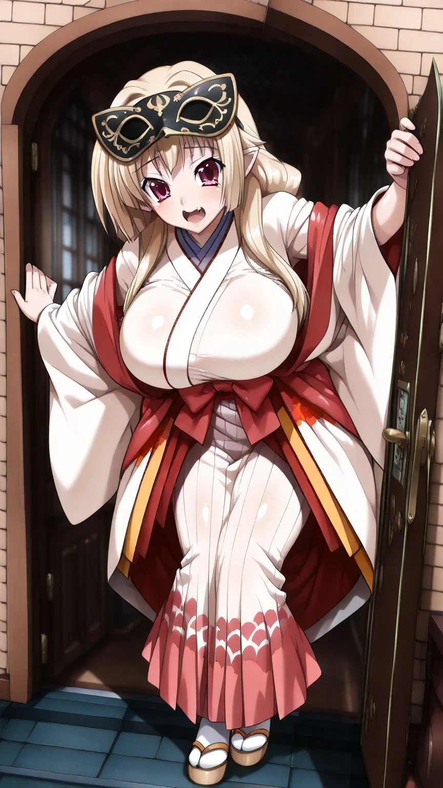 Highest quality、One girl, Mature Woman, Mature Woman, Japanese-style room、Tatami room、Sliding doors、Dark room、Voluptuous body, Huge breasts, Saggy breasts, Wide Hips, Miko costume, barefoot, Cleavage, Are standing, Blonde Nine Tails, smile, Short blonde, Red eyes, at night, 8K, masterpiece、milf、Fox Ears、Lantern、Sliding doorsを開けて迎え入れる、Sexy look、solo focus、spoken heart、(breast focus:1.1)、mature female、gleaming skin、naughty face、heavy breathing、One eye is covered by hair、hair over one eye 、(The futon is laid out at the back of the room.)、Hot spring inn、White futon