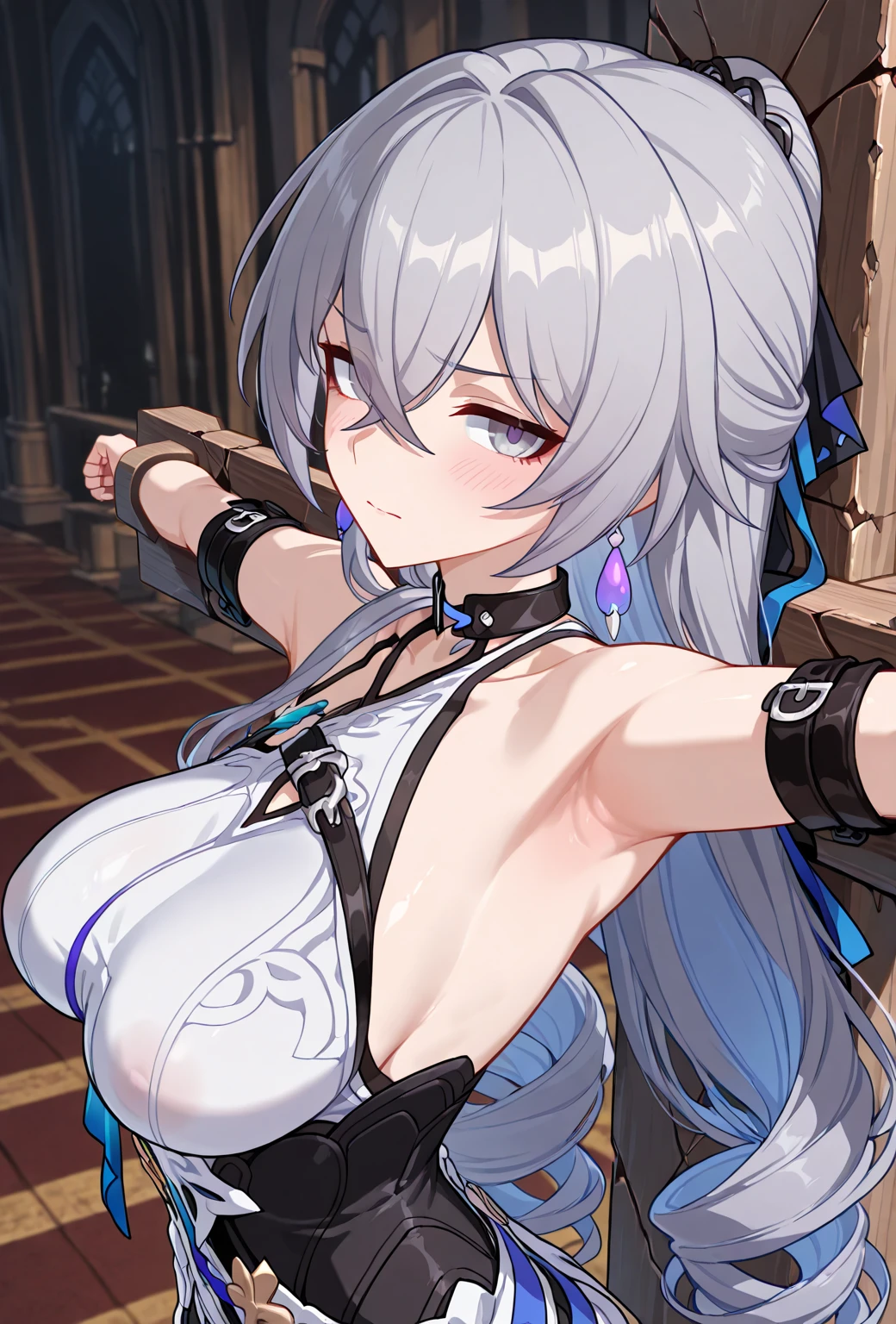 (((Highest quality、first class、masterpiece、Normal body、8k、Detailed face、Ultra-precision、normal hand、Normal refer to、5refer to、Highest)))、Eternal Frail、Silver Hair、Long Hair、kind、clear、pure、A blue suit that reveals a cleavage、Navy blue shorts、"SD Gundam G Generation"、Shot down、Defeated、Captured、Taken prisoner、Handcuffed、Detained、Chained by a collar、lock restraint、Jail、prison