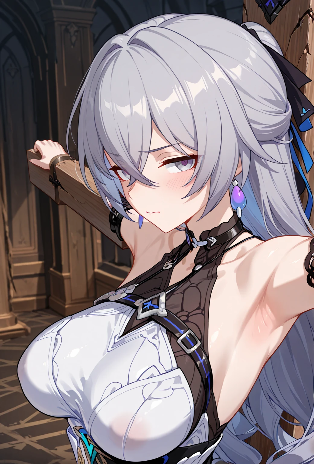  (upper body),((close up head:1.1)),(from above),{{Embarrassed smile}},((Troubled smiling face)), ((Open your mouth)),((breast grab)), 1girl, ((１A girl is grabbing her breasts:1.5)),nsfw, bewitching pose, (((vulgarity))), sweat,Dripping water,My whole body is wet,heavy breathing, humid, FOG, Perfect Fingers,
rubble,weed,cracked cobblestone,Mossy wall,Waterway,Plants are overgrown,
((Highest quality)), ((masterpiece)),(detailed),High resolution,Sharp focus,Perfect Face,(complete anatomy),
(非常にdetailed CG unity 8k wallpaper),(((Vibrant colors))),{best illustration},
shiny 肌,very shiny 肌,Shiny body,plastic glitter 肌,exaggerated shiny 肌,illuminated skin,
Complex eyes,Beautiful fine details,Symmetrical eyes,Big eyes:1.5,Seductive eyes,(erection of nipple),Camel Toe,
((detailedなボディ)),(detailedな顔)), cute,Lewd,erotic,Bold,Adult,Medium chest,
Long legs,Mature Woman,Freya,One girl,Long silver hair,Purple eyes,hair ornaments,Cleavage, Silver Hair,
Exposing shoulders, clavicle, Bondage,chain,O-ring,See-through,Veil,Black panties,Elbow Handbags,Mistress,first round,cuffs,Thigh straps,Thigh boots, 
