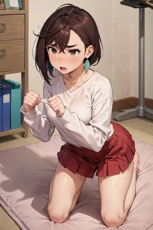 orgasm,blush、Put a condom in your mouth、 Sweat,White panties、Pull up your skirt with your hands、Sit on the air conditioner'Outdoor Unit、masterpiece, Highest quality, High resolution, ui3, (Chibi/Lori)One girl, alone, Green Eyes, Pom-pom \(Clothes\), Apron dress, White shirt, White socks,Jumper skirt、 Long sleeve, Dilapidated, short hair, belt, Red bow tie, bangs, , 青いClothes, Collared shirt, Cowboy Shot