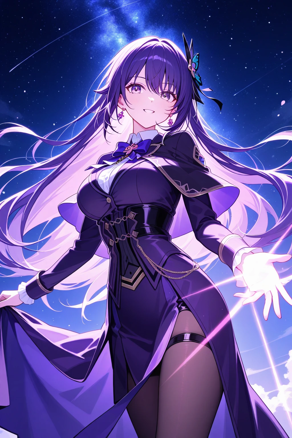 1girl, frederica bernkastel, blue hair, purple eyes, dress, detailed background, long sleeves, looking from back, dark purple space background, many large crystallized fragments in background