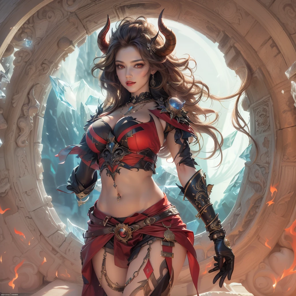 a haughty, imposing female demon monkey with red fur, yellow eyes, large bust, monkey tail and ears, wearing traditional monkey king clothes, sitting on a large rock on Mount Huaguo, gazing at viewer, (best quality,4k,8k,highres,masterpiece:1.2),ultra-detailed,(realistic,photorealistic,photo-realistic:1.37),HDR,UHD,studio lighting,ultra-fine painting,sharp focus,physically-based rendering,extreme detail description,professional,vivid colors,bokeh,fantasy,concept art