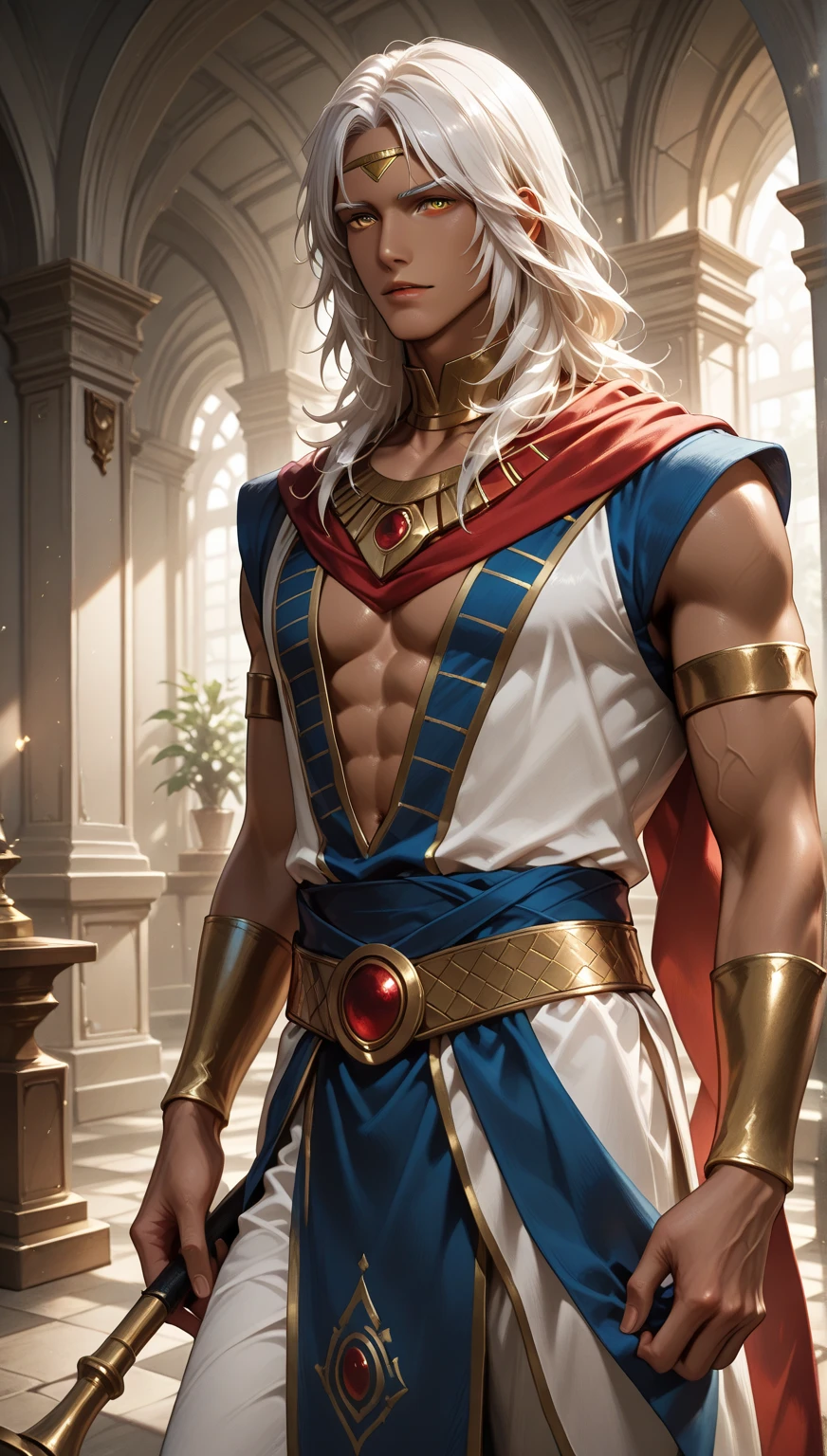 "A muscular sorcerer with short blonde hair, adorned in a silk metallic jockstrap, tall boots, and a flowing white cape, exuding both strength and beauty, captured in a heroic pose from a low angle."