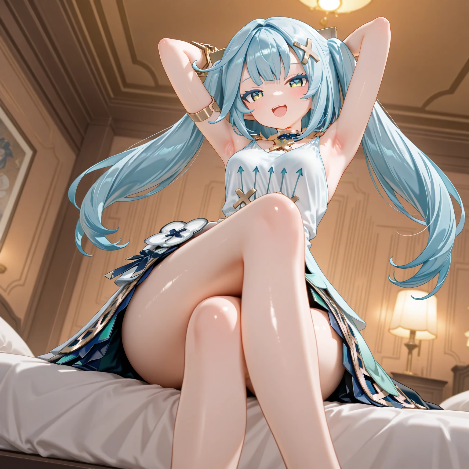 (Little:1.2)、（masterpiece:1.4）、（Highest quality：1.4)、（Very cute angel girl、Ultra detailed face、Jewel-like eyes、Blue very long twin tails:1.4）、（Angel Ring：
1.4）、（Angel Wings：1.4）、Optics、shine、Bokeh、Ultra-fine、(((Blue Hair)))、Golden decoration