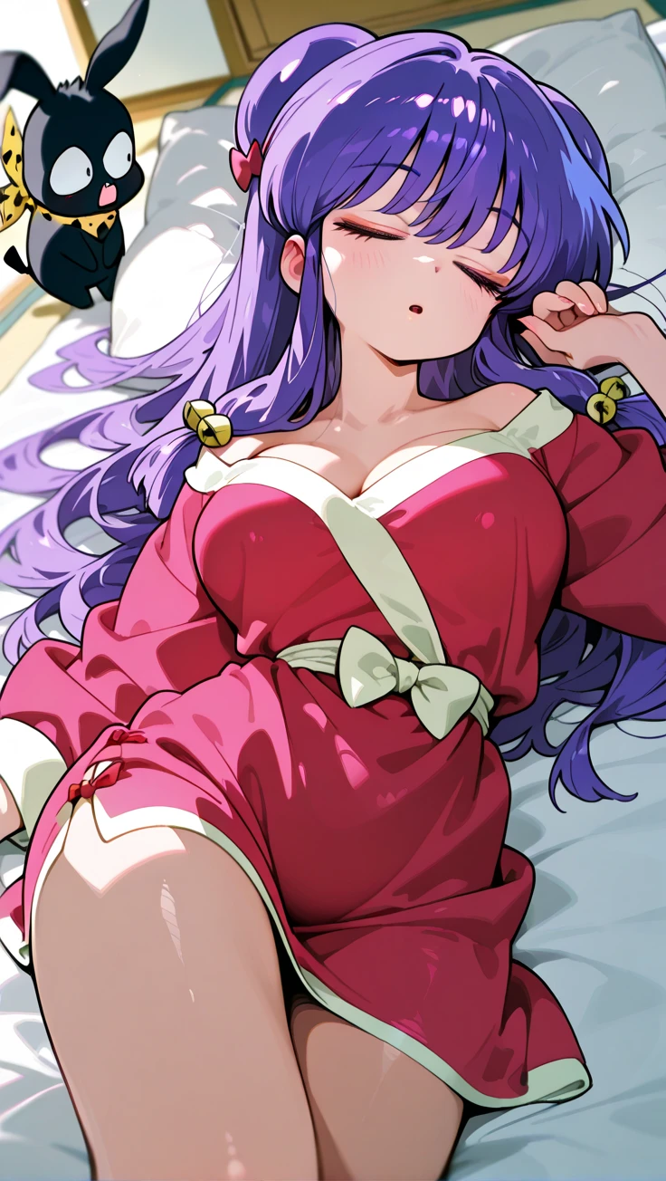 close up, from front, (masterpiece), (best quality), (ultra-detailed), intricate detail, athena97, 1girl, solo, purple eyes, purple hair, long hair, white earrings, yellow hairband, red heart ornament, medium breats, red vest, white turtleneck, white puffy sleeves, red pleated skirt,purple sphere shape necklace, white fingerless gloves, white socks, red boots,on street,moon, photography, (unconscious),cleavage cutout, blurry background, on back (white panties), :o, dirty, torn clothes, closed eyes, tottering