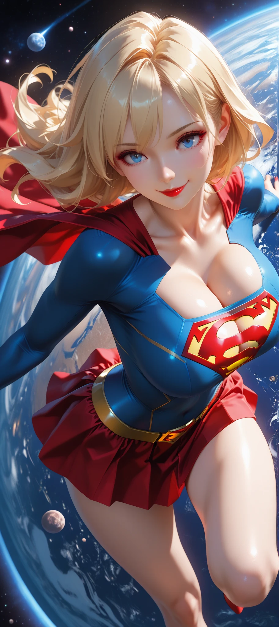 (melhor qualidade:1.3), Supergirl, capa vermelha, S do super-homem no peito, blue swimsuit, Red skirt, botas vermelhas, (demon girl), very huge breasts, sedutora, sexy, cabelo branco com as pontas verde claro, chifre com as pontas vermelho