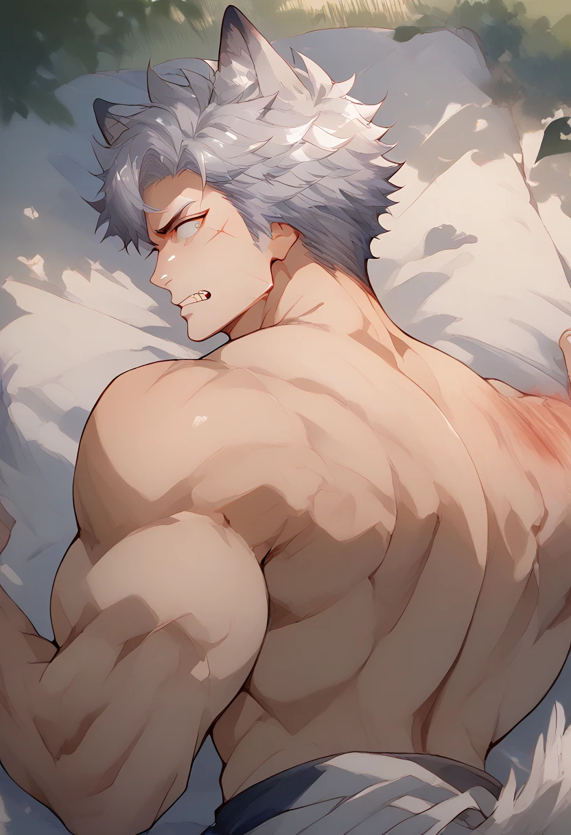screenshot of an adult male anime character from boku no hero academia, naked covered in blankets with long straight down white hair and eyes closed with bandages on his right arm and shoulder
