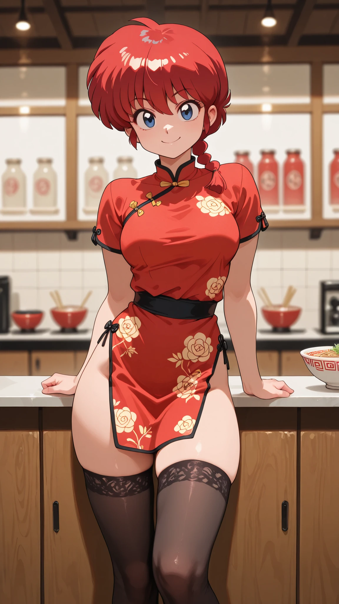 ranma saotome,Petite Woman,Ramen shop,solo,beautiful embroidered china dress flipping through a china dress,black stockings,waitress, erotic gravure ,beautiful body line,Beautiful legs,Smile,8K high resolution,最高masterpiece,Super Detailed Drawing,perfect quality,High Quality,masterpiece,very high resolution,Newest,detailed eyes,perfect eye,(depth of field:1.5),(anime style:1),(clear line drawing:1.2)