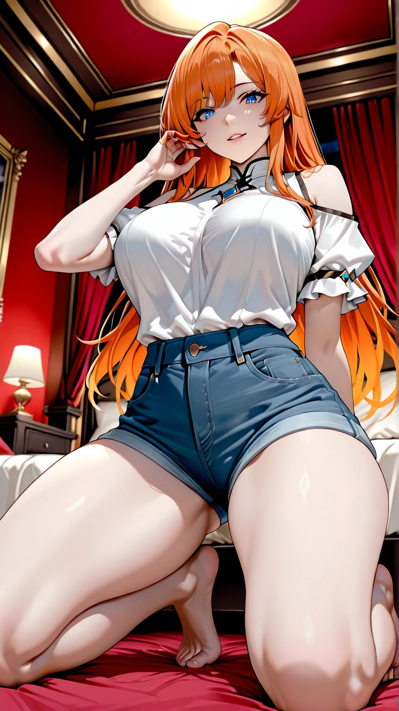 1girl, anime girl, anime, (dark skin), stylish girl, 2d girl, 18y, (fullbody), in bed, anime girl, seductive smile, (orange hair), ((white blouse)), Solo, Slim, Big Breasts, Tight Shorts, low waist shorts, upshorts, sitting on the bed, night background through the window, looking at viewer, (((spread legs))), (((Wedgie))), (((shorts))), (((absurdres))), (((thigh gap))), (((cameltoe))), (((lowleg shorts))),