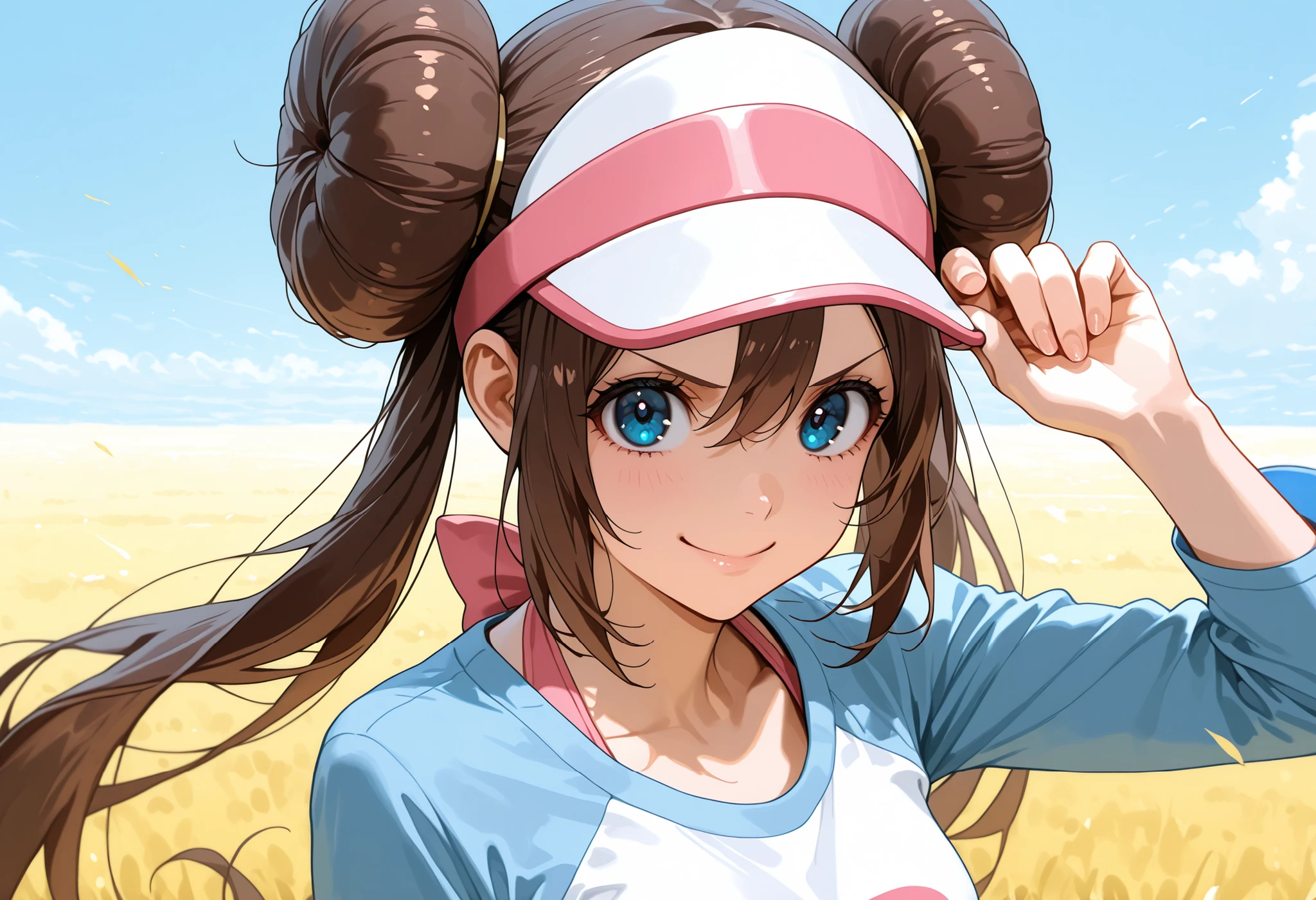 score_9, score_8_up, score_7_up, nh, hat tip, hand on headwear, adjusting headwear, tipping_hat, upper body, v-shaped eyebrows, smile, face focus, 1girl, solo, rosa, brown hair, double bun, doughnut hair bun, hair bun, blue eyes, hair between eyes, twintails, raglan sleeves, white shirt, blue sleeves, long sleeves, visor cap, looking at viewer, sky, from above