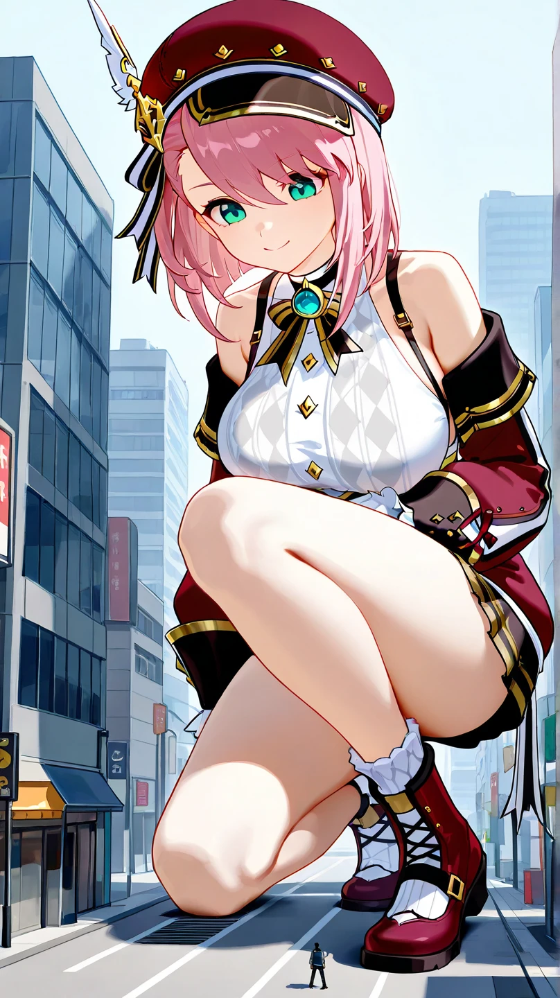32k, best quality, ultra high res, HDR, UHD, extremely detailed CG, unity 32k wallpaper, masterpiece, highest quality, High resolution, Absurd, One girl, crowd, mini skirt, Pink Hair, From below, Revealing clothing, Outdoor, sunlight, street, View Viewer, blush, Squat with your legs apart, 