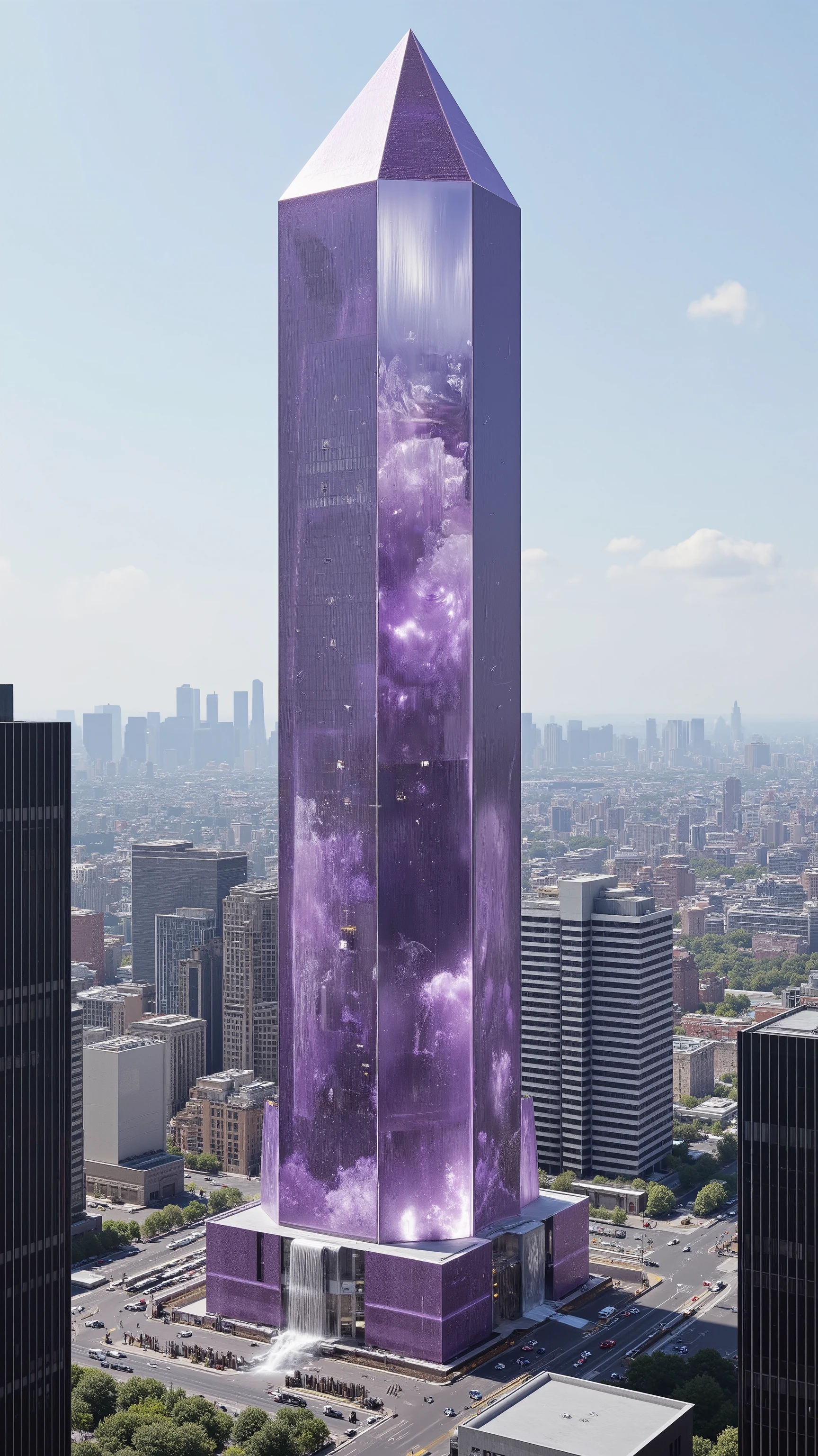 A skyscraper in modern-day New York City is made entirely out of a translucent quartz crystal. It is 200 feet tall and is hollowed out to make the structure in just one piece. Found far inside the earth, this quartz crystal point is an amethyst variety and is darkish purple. Show extreme detail of the skyscraper, including how the windows, doors, and structure are one piece of crystal. Show the dtructure rigjt along side other skyscrapers that already exist. Show a gigantic water fountain style waterfall cascading down one side. Show every intricate complexity that a work of art this size would have. Super advanced technology, cutting edge architectural engineering, digital painting art and technical development, engineering marvel and super creative, avant-garde designs. Undeniably genius level architecture beyond that aready setbin motion. Ultra-realistic, photo-realistic, ultra-detailed, 8k, professional movie quality images, cinematic photography, realistic vision, photorealistic, hyperrealistic, 3D rendered, icon style, intricate, complex, surreal, whimsical, detailed facial features, eye contact, multiple views, multiple perspectives, UHD, full focus, highres,best quality, realism, professional masterpiece