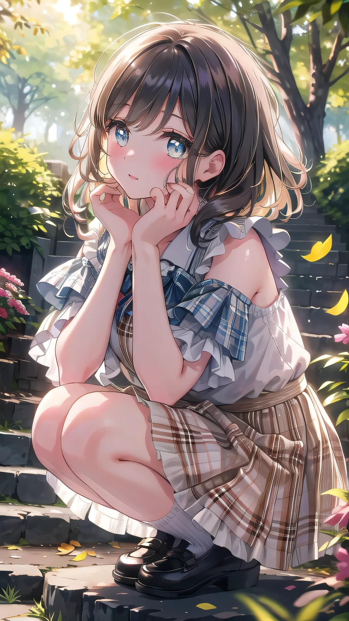 Detailed anime wallpapers, masterpiece, Perfect Face, Happy Anime Style, Portraiture, Upper Body, Anime Girls, Beautiful summer dresses, Panoramic View, 8K,((masterpiece:1.4, Highest quality)), morning ,A cute girl is sitting on a high bench, blue sky, (Brown thin medium hair, Braiding), Brown eyes, Pleated skirt, blush, smile, Particles of light, Colorful lights and reflections, Charming beach town of Cancun, Mexican, Colorful Houses々lined up