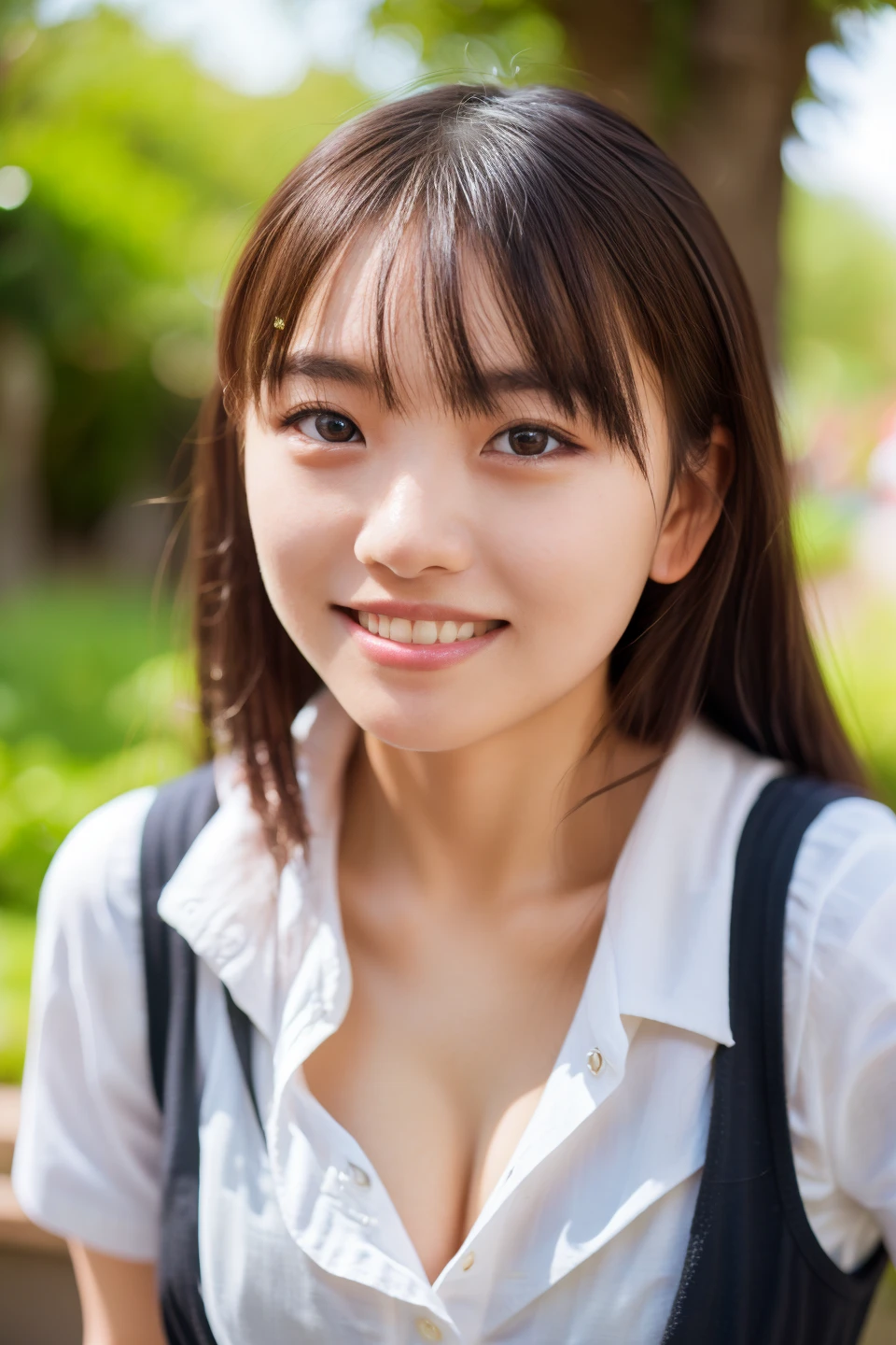 Japanese schoolgirl),((Beautiful girl)),cleavage,the expression imagining what feels good:1.2,(perfect body beauty:1.2),((perfect body)),(shy smile),beautiful teeth,