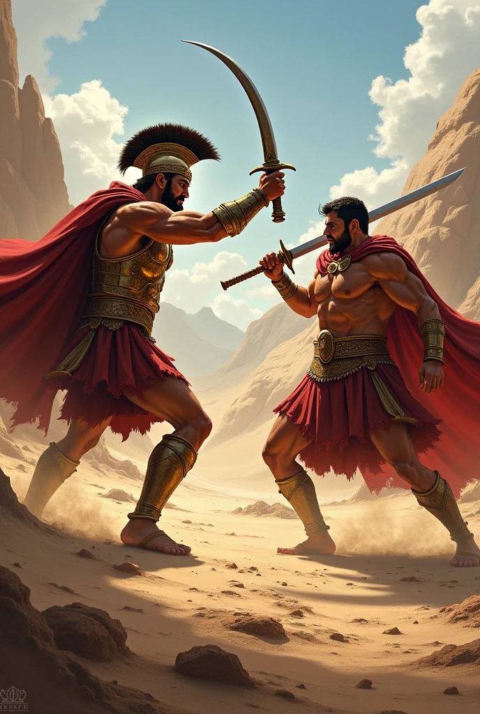 Hercules with fists and Ares with a spear fight