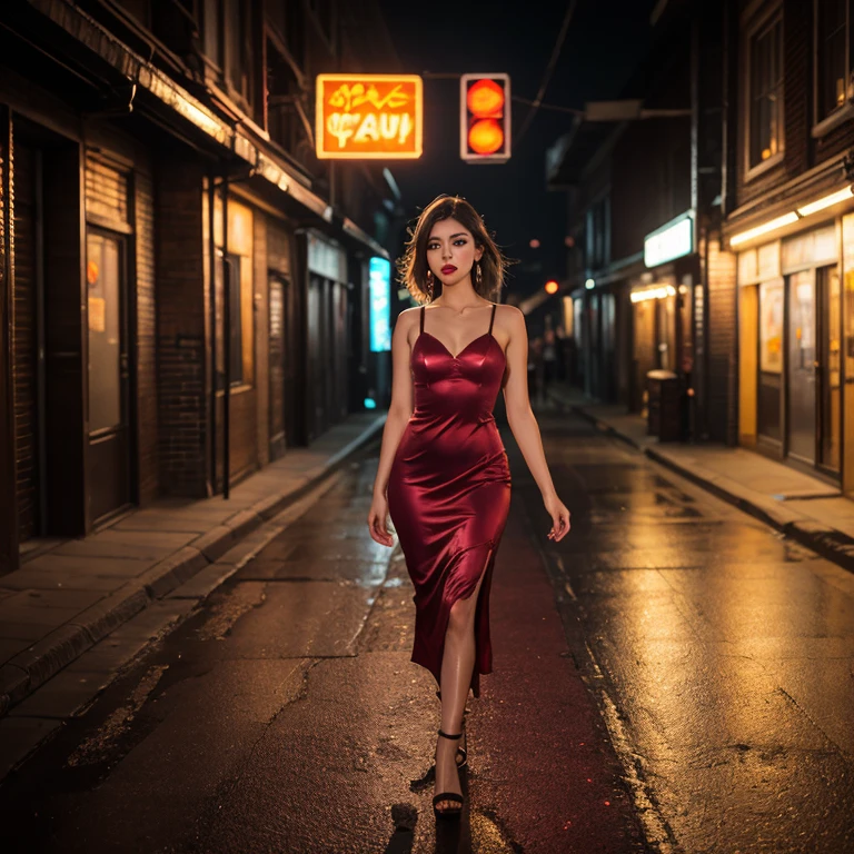 A stylish young woman in a red dress and matching hat poses confidently on a Parisian side street at night, bathed in the warm glow of neon lights. The cobblestone