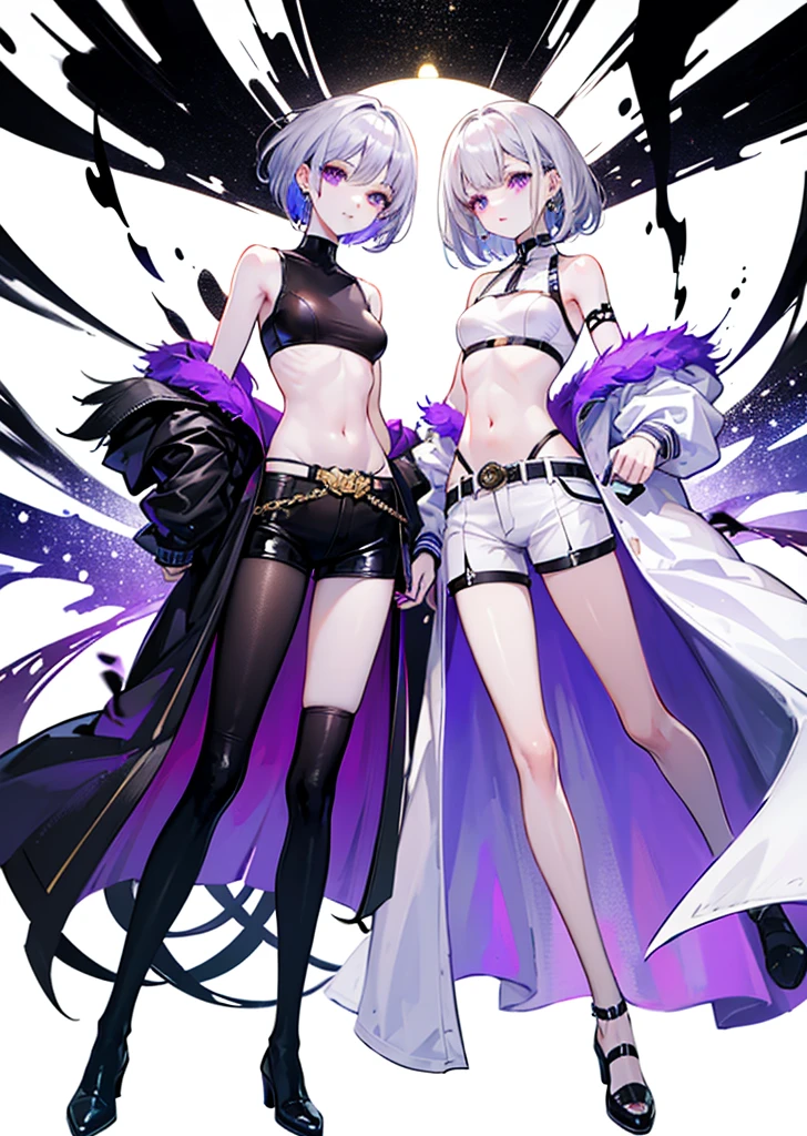 ((masterpiece, best quality)), Delicate face,knight,Standing picture,whole body,Perfect body proportions,Long legs,Handsome short hair,Beautiful silver eyes,Fantasy style,White background,Extremely beautiful,transparent,Pure white armor,Sexy bikini,chain,Tattoo,Lace,exposed