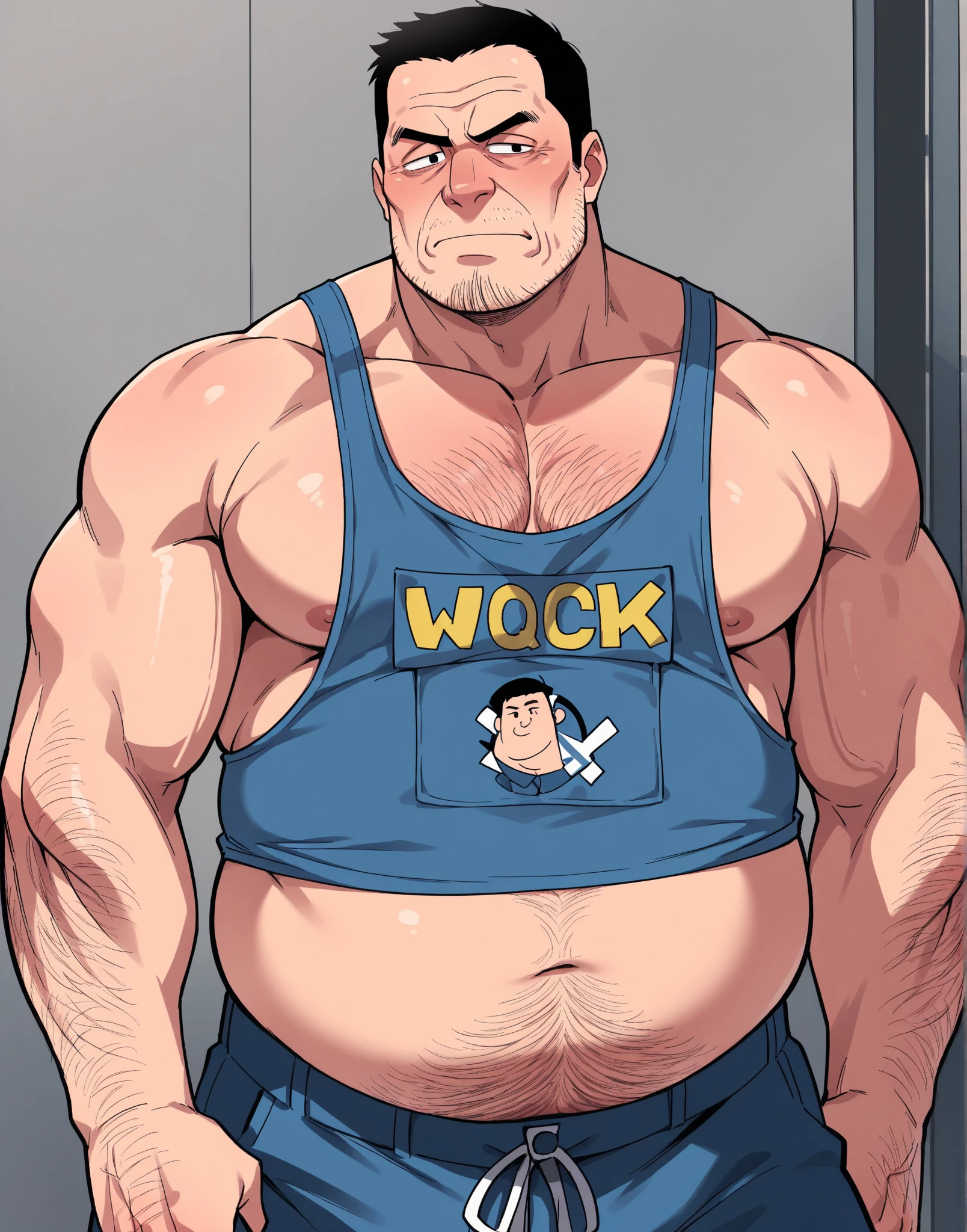 (((Chubby male extremely thick thighs large belly fat The captain of the astronauts is a plump, chubby man, extremely thick thighs, a large belly, fat))). Passing inside the spaceship laboratory, He is holding tools to fix something. You are in a futuristic room. He is holding a glass of wine 🍷, ((( he walks around checking the security cameras))), Talking to a robot.