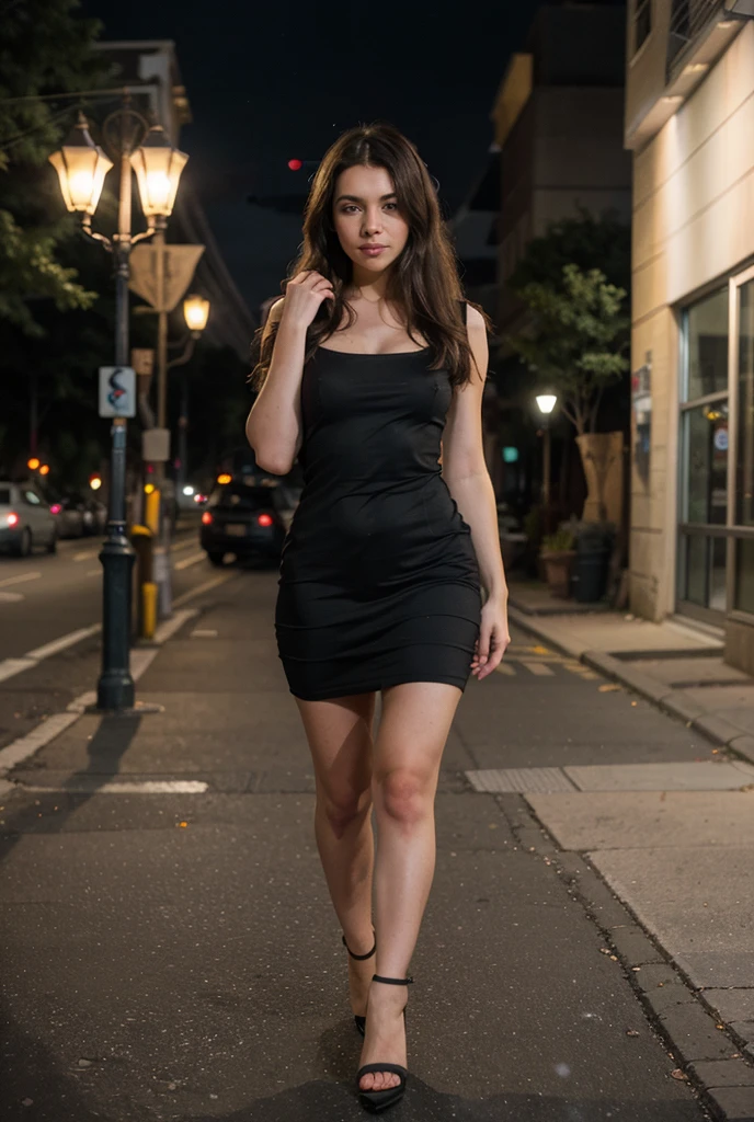 Young woman, in black mini dress, above knees, standing, posing, photography 