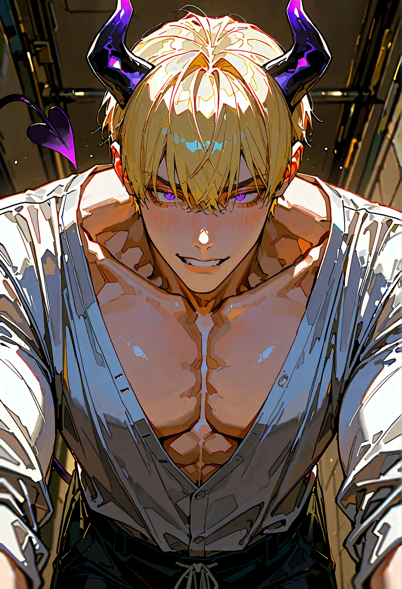 absurdres, highres, ultra detailed, HDR, master piece, best quality, Uzumaki Naruto, blond hair, expressive blue eyes, Naruto Shippuden, solo, sexy man, handsome, white coat, black tight shirt, patterns, toned chest, glass stained window, purple shining butterflies, purple lilies, purple petals