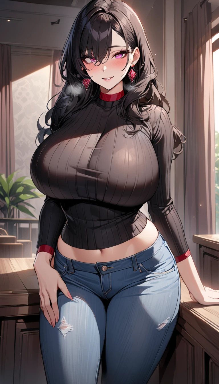 (masterpiece, best quality, detailed illustration, high resolution), ((1girl, solo)), ((huge breasts, large breasts, slim waist, long legs, fit body, toned body)), ((full body, closeup view)), ((standing)), ((looking at the viewer, facing the viewer)), office setting, ((fair skin)), oiled skin, ((large breasts, mature woman, mature female, mature lady)), (detailed eyes, good eyes, better eyes), ((standing)), (black hair), ((casual clothes, top, pants)), (massive breasts), (long hair), ((milf)), (visible clevage), (brown eyes), 
