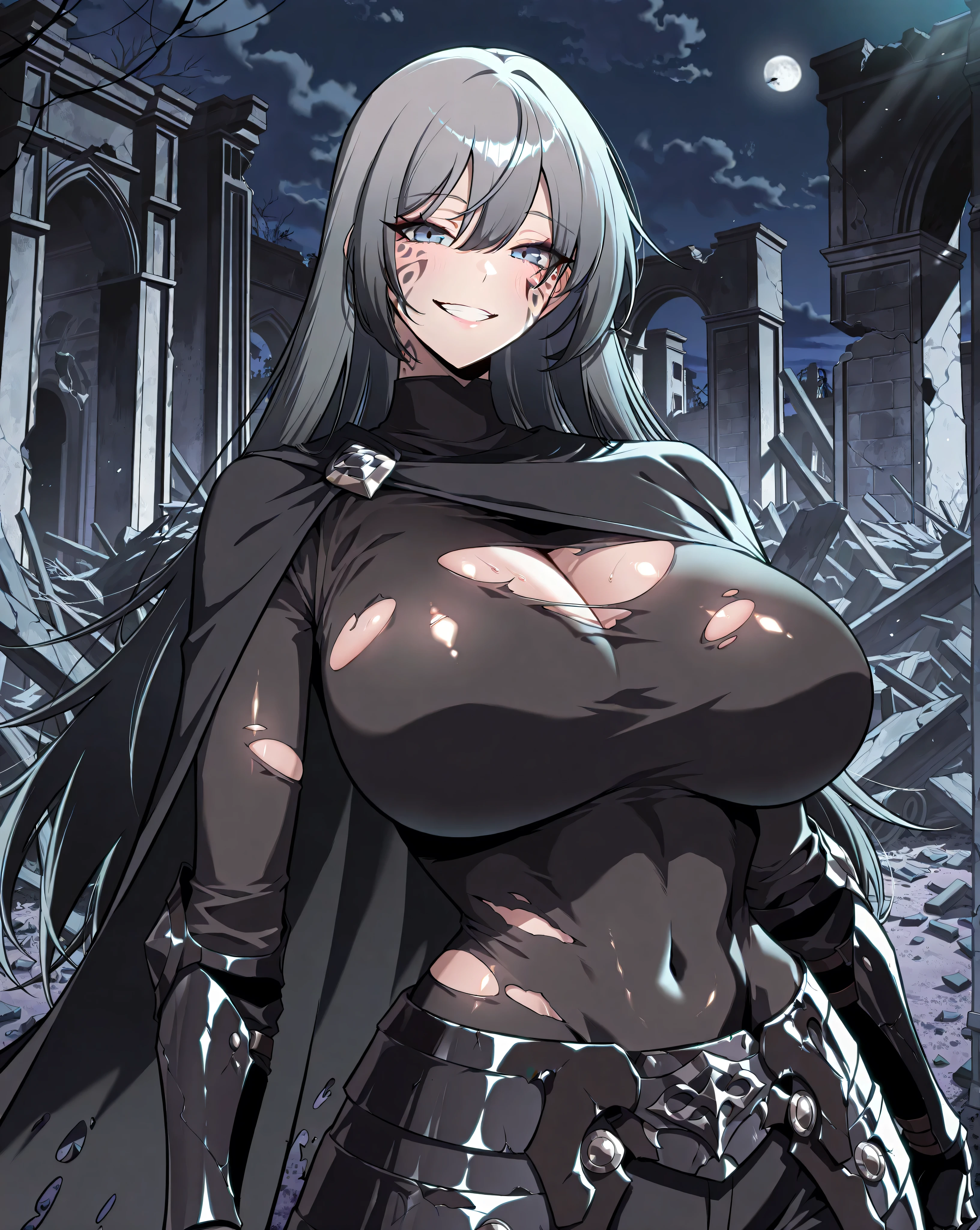 masterpiece, best quality, amazing quality, very aesthetic, absurdres, newest, scenery, 1girl, solo, huge breasts, <lora:Dark Teresa du Laurentia illustxl:0.9> facial tattoo, facial mark, blue eyes, long hair, grey hair, black hair, hair between eyes, black cape, black armor, torn clothes, turtleneck shirt, black shirt, black gauntlets, covered navel, black pants, standing, upper body, ruins, dark, night, outside, looking at viewer, shiny skin, masterpiece, best quality, amazing quality, very aesthetic, absurdres, newest, scenery, grin, (beautiful face) curvy, (sexy gravure)(close up upper body view)