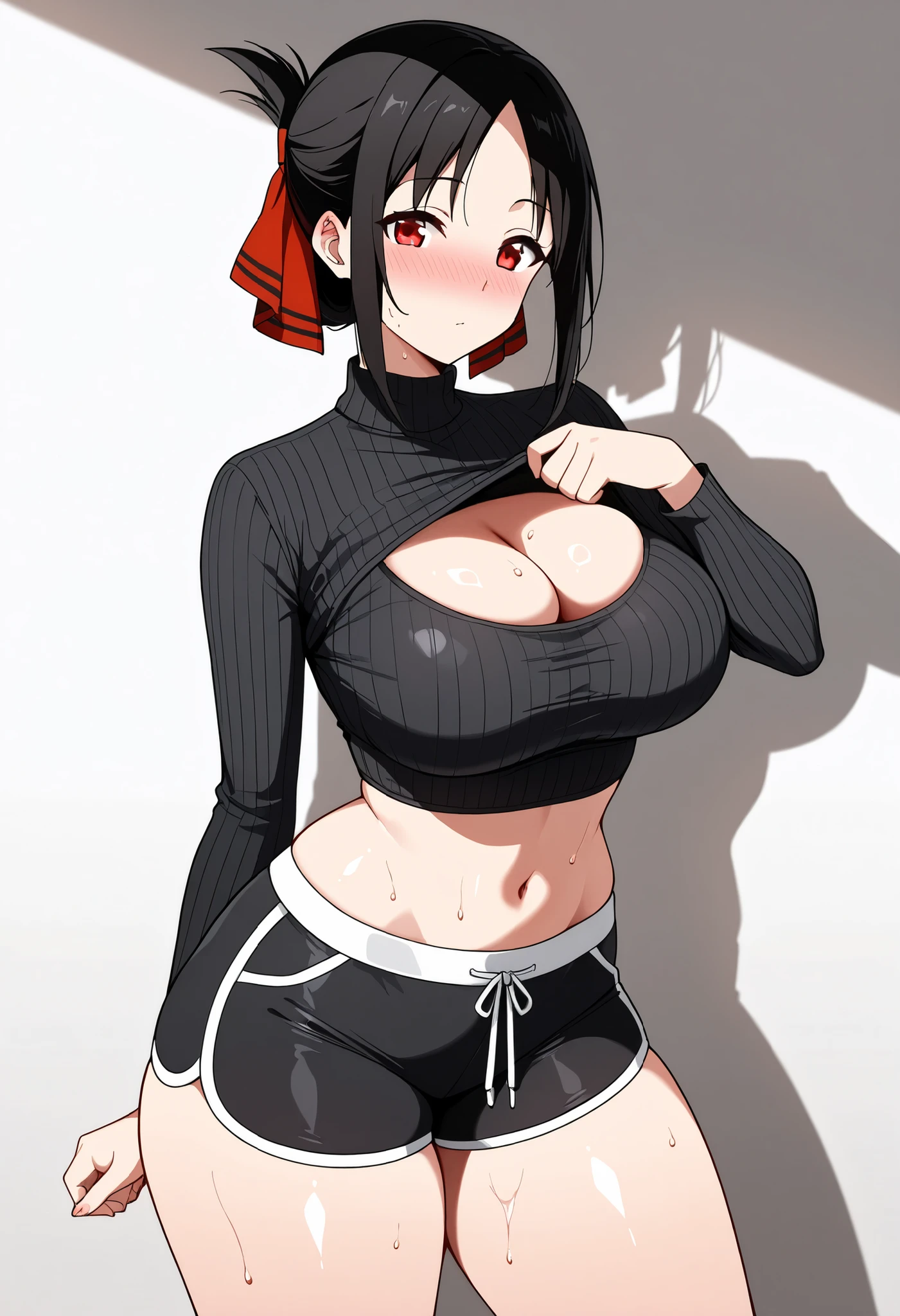 with an extremely curvy and voluptuous figure, wearing a tight ribbed black long-sleeve crop top that stretches over her large bust, short black athletic shorts with white trim and drawstring, very slim waist, pronounced hip curves, thick thighs with soft skin texture, elegant yet posing, body casting soft shadow on white wall, glossy lighting accentuating smooth skin and fabric texture, ultra-detailed anime style, masterpiece, 8k, high resolution, large breasts, standing, thick thigh, thick thighs, nose blush, shiny legs, shiny body, shiny hair, clear skin, clear body, sweat, sweaty, sweaty:1.3, looking at viewer, big breasts, cleavage, midriff, bursting breasts, kaguya shinomiya, short hair, bangs, black hair, red eyes, hair ribbon, sidelocks, folded ponytail, parted bangs, large breasts, posing, pose