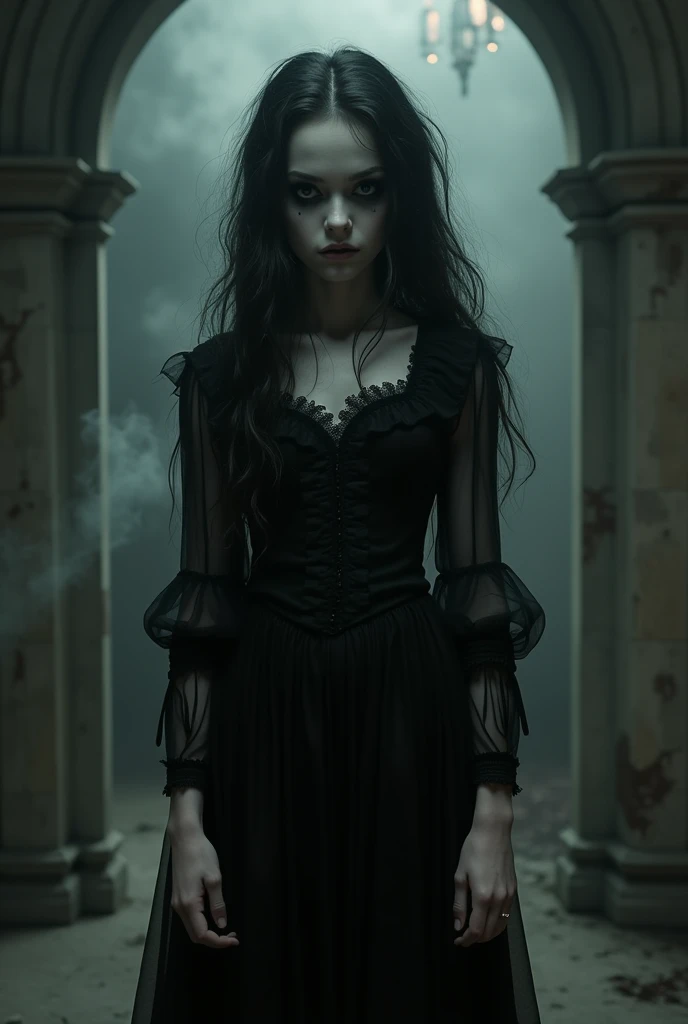 A girl in a sexy gothic looking dress kneels on the ground in a dimly lit basement. Her long hair cascades over her shoulders, casting shadows on the ground around her, desperate pose, long eyelashes. desperate expression