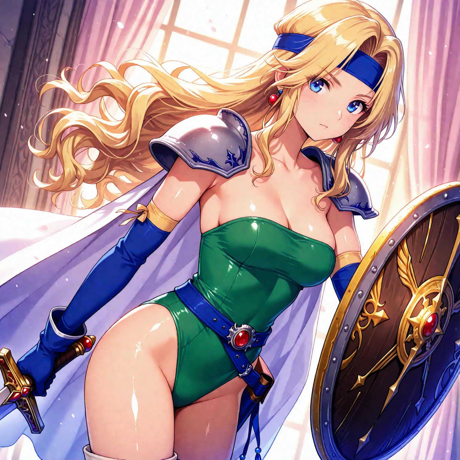 4K,High resolution,One Woman,Elf,Blonde,Long Ponytail,Green Eyes,Big Breasts,Warrior,Blue bikini armor,hair band,Jewelry decoration,Long sword,Plains