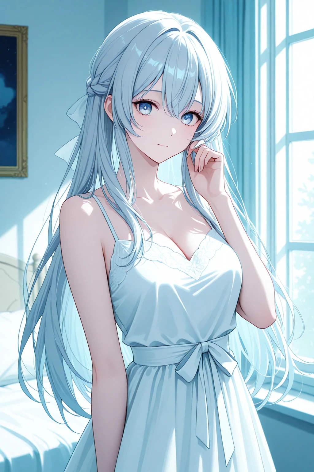a women, blue hair, blue eyes, white dress