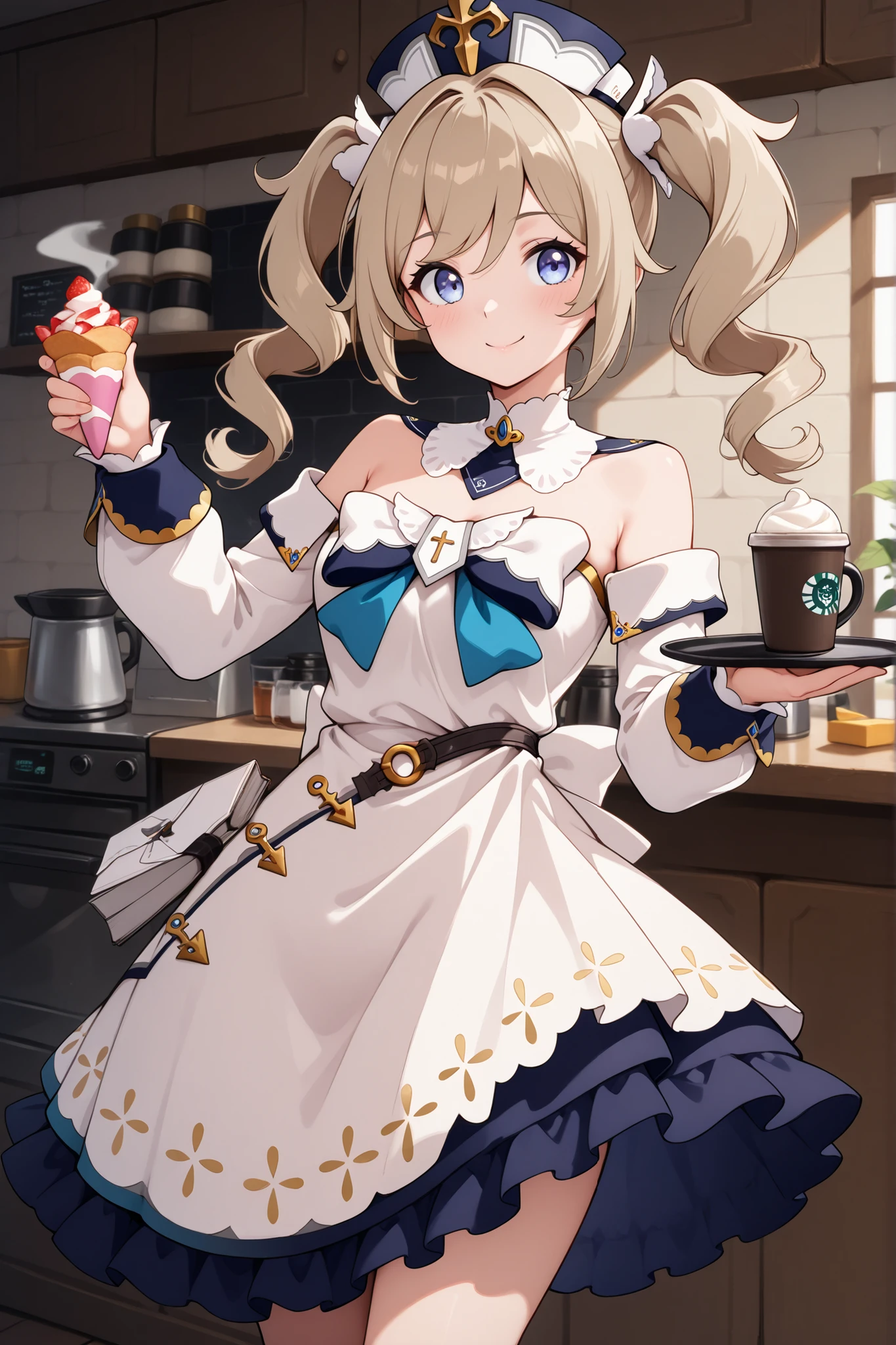 barbara, long hair, bangs, blue eyes, blond hair, hair between her eyes, two-tailed , sidelocks, drilling hair, light brown hair, double drills, long-sleeved, has, dress, a gift, detached sleeves, white dress, freestanding collar,
,lush, smile, dynamic pose, фон coffeeйня, barista,  apron, чашка coffee, coffee,  dessert 