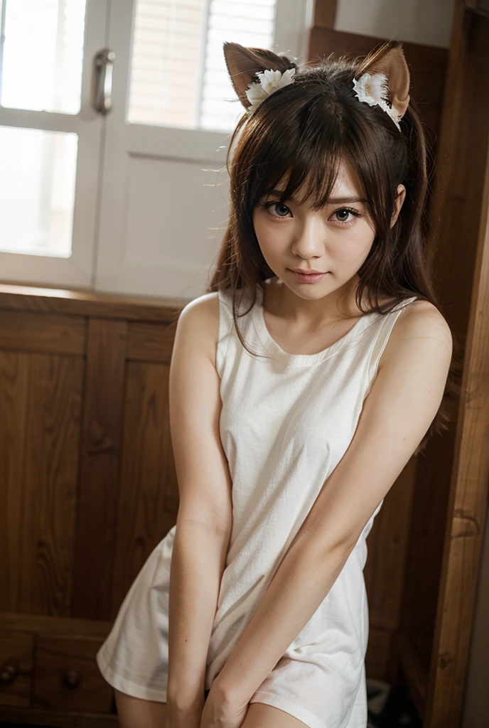 (Best-quality, Masterpiece, Ultra-High-Resolution, (Photorealistic:1.4), Raw Photo, depth of field, professional lighting, perfect anatomy, extremely details), 1girl, 15-years-old, the most famous Japanese idol, (wearing booty-shorts, sleeveless shirt), (((extremely cute and extremely big black-eyes, extremely cute long-eyelashes))), (((extremely beautiful and extremely realistic skins))), ((extremely cute face like the most popular Japanese idol, extremely cute lips)), innocent smile