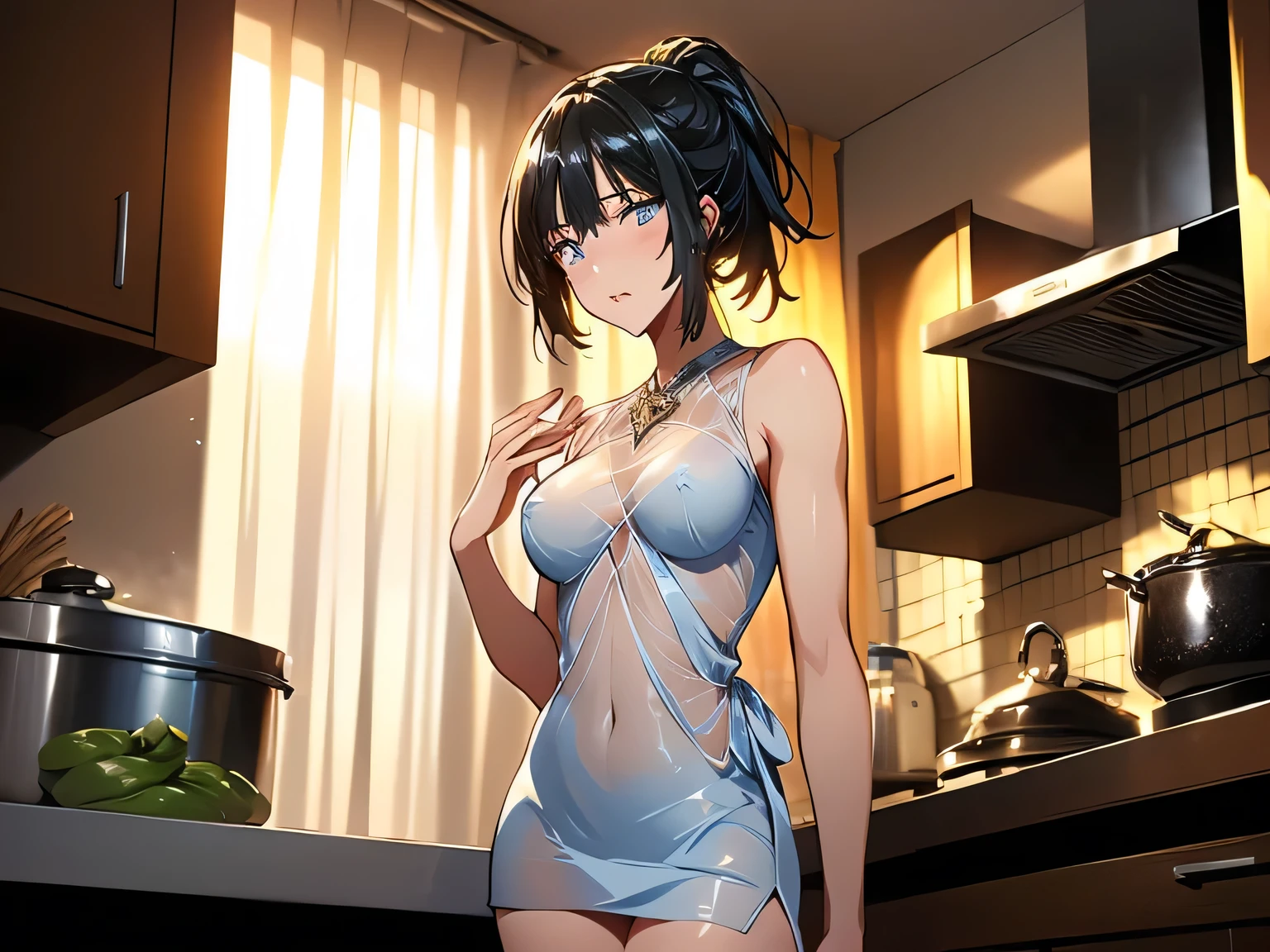 nsfw、animation、ONE WOMAN、sleeping on the floor、(((old man tied to his boobs)))、(((sexy pose with crotch spread)))、silver long hair、(((ponytail)))、(((blue eyes)))、sad expression、(((small breasts)))、(((slim figure)))、(((see-through short white dress)))、(((See-through thin dress)))、(((Tight Miniskirt)))、sleeveless、I'm biting my lip、(((is looking down)))、Dark Kitchen、City Night、(((The dress is transparent)))、(((The inside of the dress is naked)))、in big city silver pendant