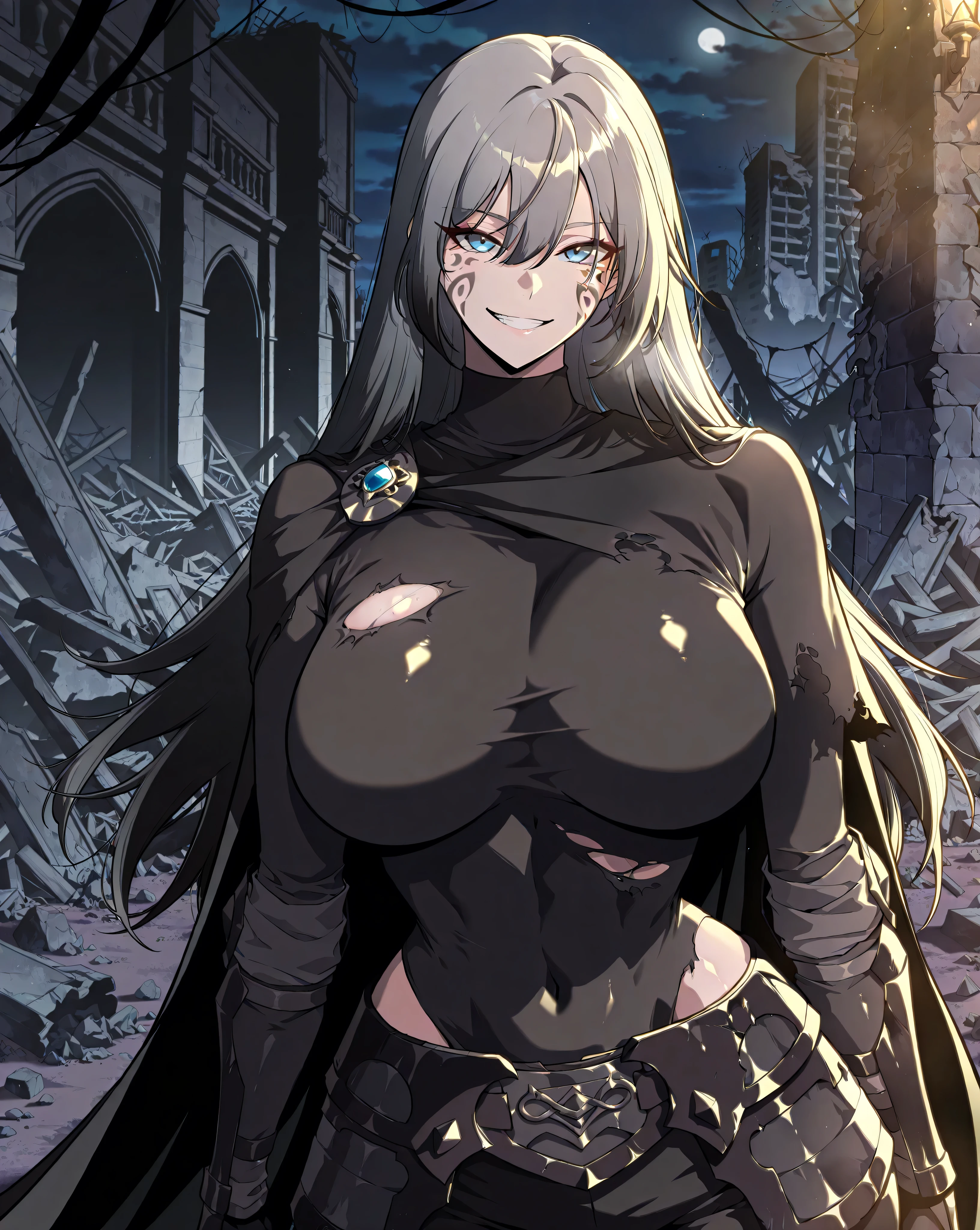 masterpiece, best quality, amazing quality, very aesthetic, absurdres, newest, scenery, 1girl, solo, huge breasts, <lora:Dark Teresa du Laurentia illustxl:0.9> facial tattoo, facial mark, blue eyes, long hair, grey hair, black hair, hair between eyes, black cape, black armor, torn clothes, turtleneck shirt, black shirt, black gauntlets, covered navel, black pants, standing, upper body, ruins, dark, night, outside, looking at viewer, shiny skin, masterpiece, best quality, amazing quality, very aesthetic, absurdres, newest, scenery, grin, (beautiful face) curvy, (sexy gravure)(close up upper body view)